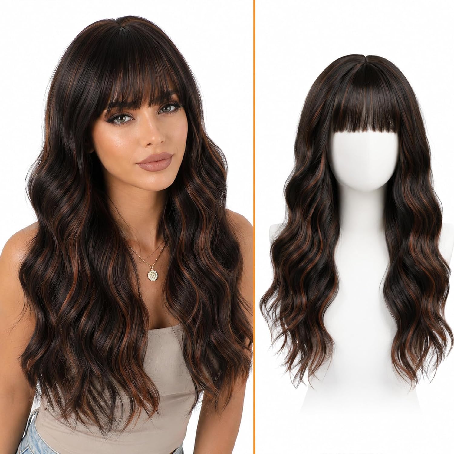 SUKRI Long Wavy Wig - Brown Highlight Curly Synthetic Hair