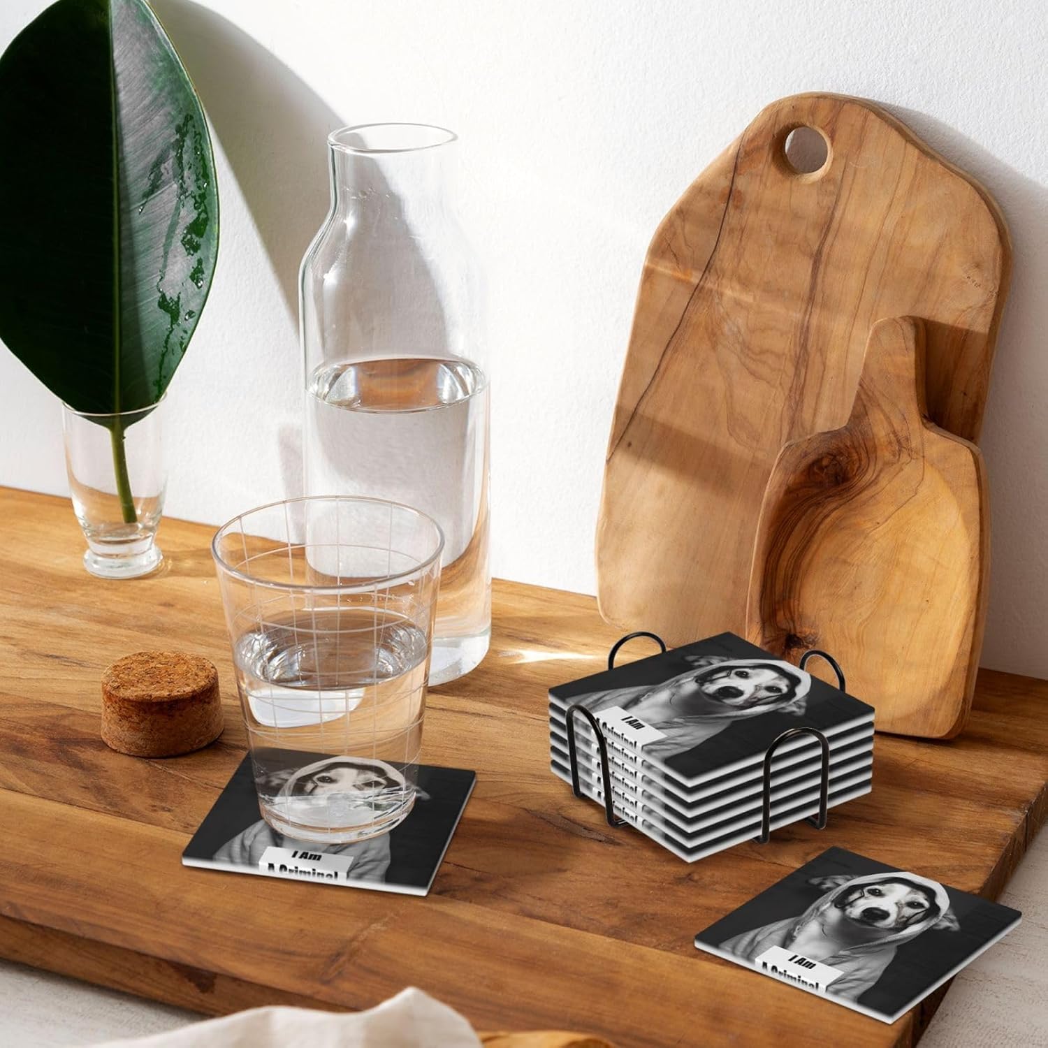 KHiry ドリンクコースター 6枚セット セラミックコースター ホルダー付き 犯罪犬 写真 ラウンドコースター ドリンク用 卓上保