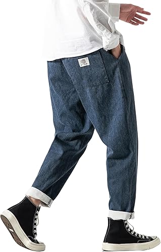 Miniatura 2 de PRIJOUHE Jeans de cintura elástica con cordón para hombre, estilo casual, elásticos, ajuste regular, pierna cónica, pantalones de mezclilla