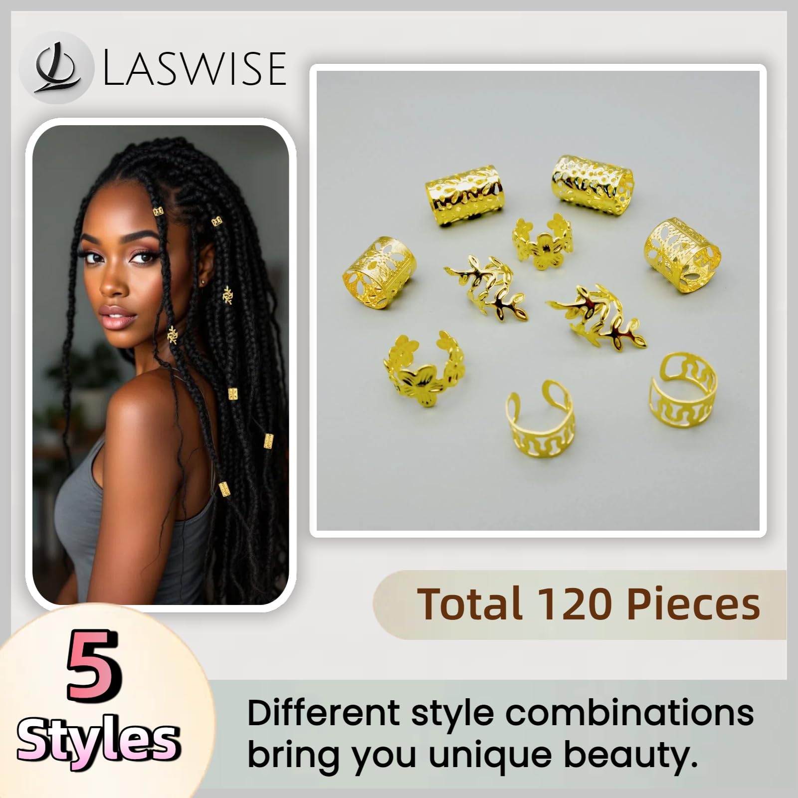 Kit de 120 piezas de joyería dorada para el cabello para trenzas y rastas, 5 estilos de pinzas para el cabello, anillos y accesorios, decoraciones de trenzas Loc Jewels para mujer 2