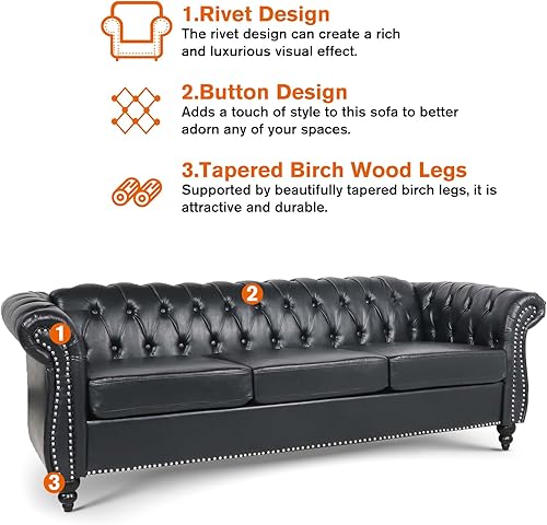 Miniatura 4 de Sofá de cuero de 85 pulgadas de ancho, sofá Chesterfiled con brazos enrollados, sofá de 3 plazas con botones para sala de estar, dormitorio, sala de