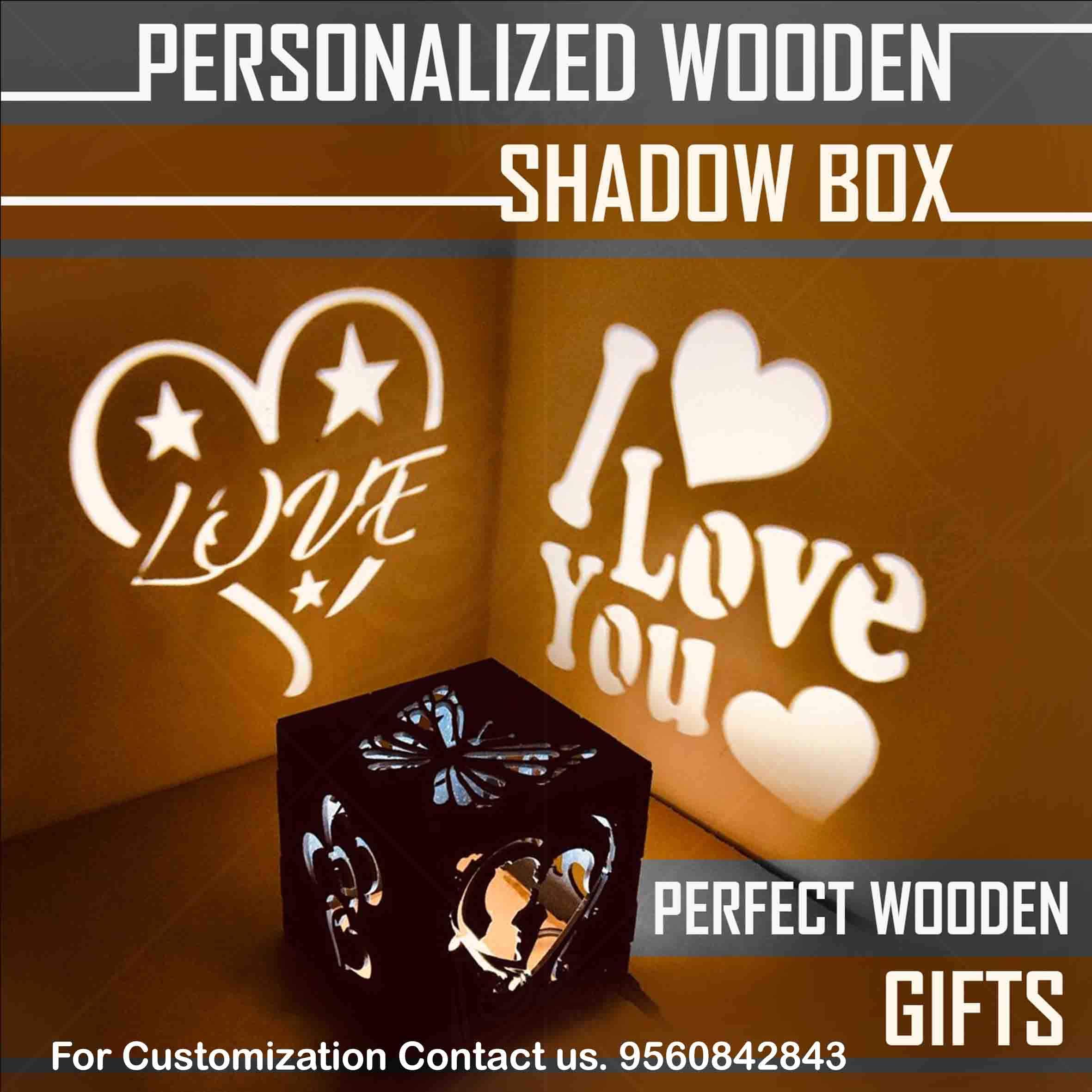 Shaivya Customised Wooden LED Fitted Heart Shaped Shadow Box Having All Personalised Options Brown, 5 x 5 x 5 inches (Personalised Shadow Box)