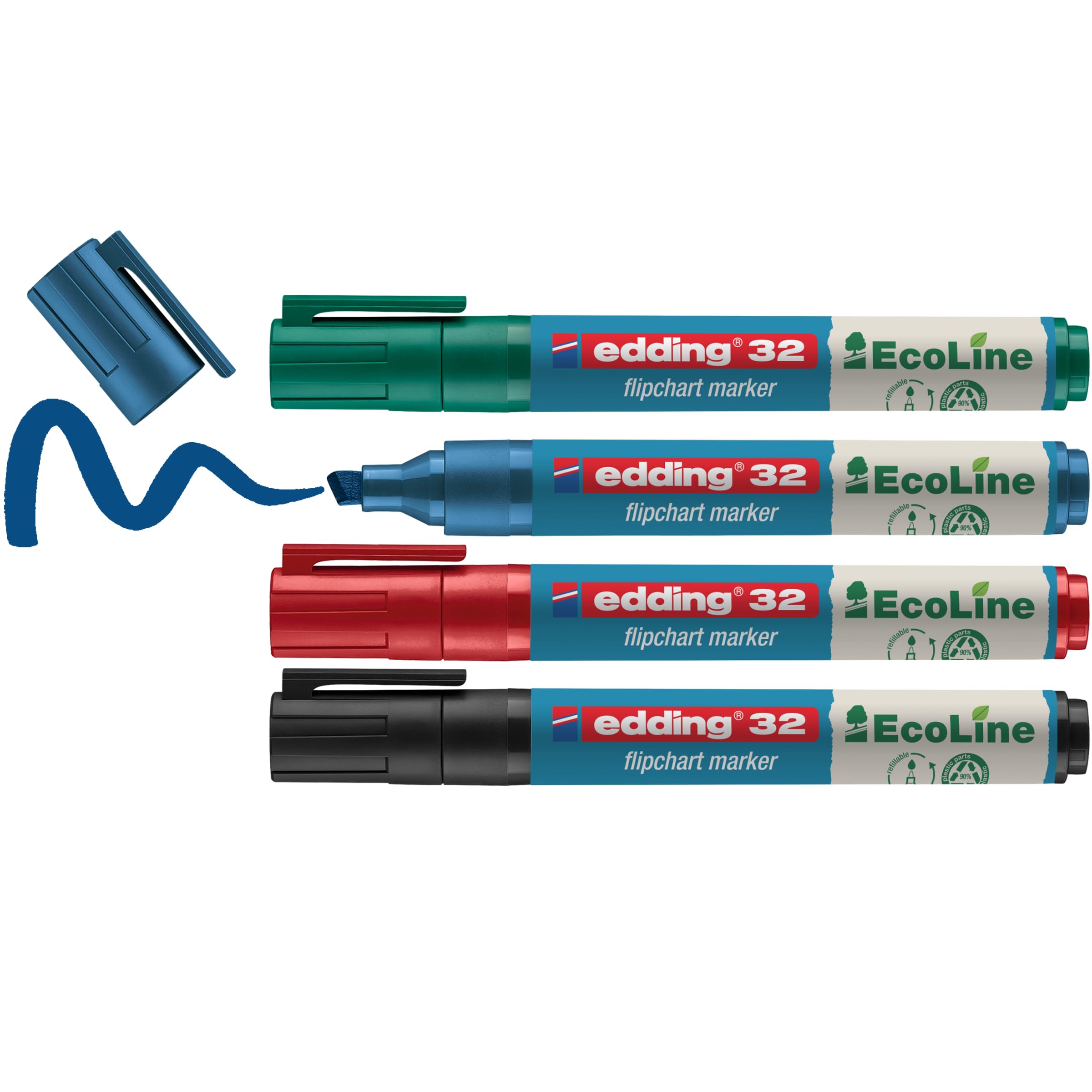 Edding 32 Ecoline Flipchart Marker Set - Multi-Coloured - 4 Pens - Chisel Nib 1-5 mm - Marker for Writing, Drawing and Marking on Flipchart Paper - Does Not Bleed Through - Does Not Dry Out-Refillable, 4-32-4