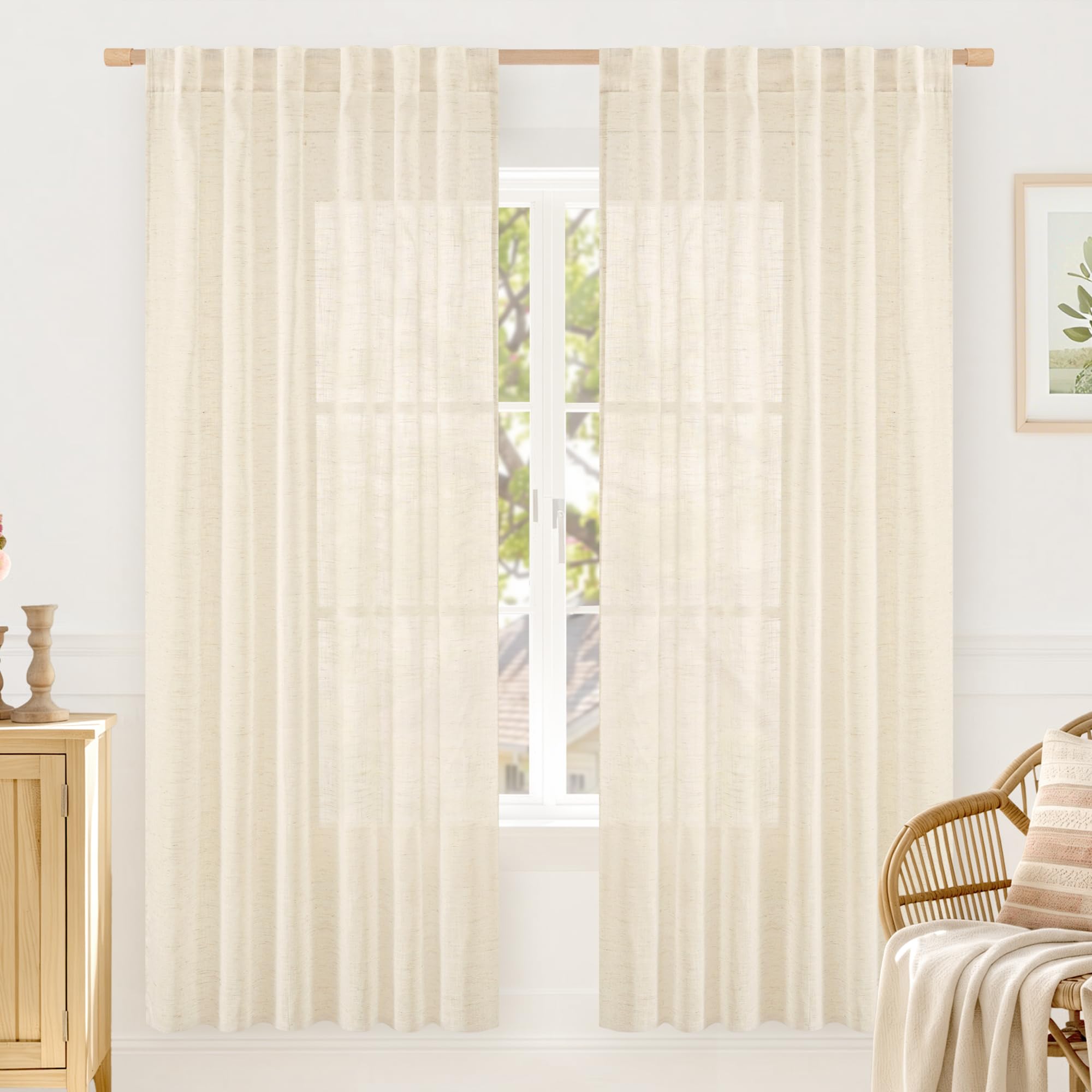 LAMIT Natural Linen Semi Sheer Curtains 84 Inches Long 2 Panels, Living Room Linen Textured Light Filtering Drapes Back Tab and Rod Pocket Neutral Window Panels for Bedroom/Sliding Door, 52 x 84 Inch — view 74