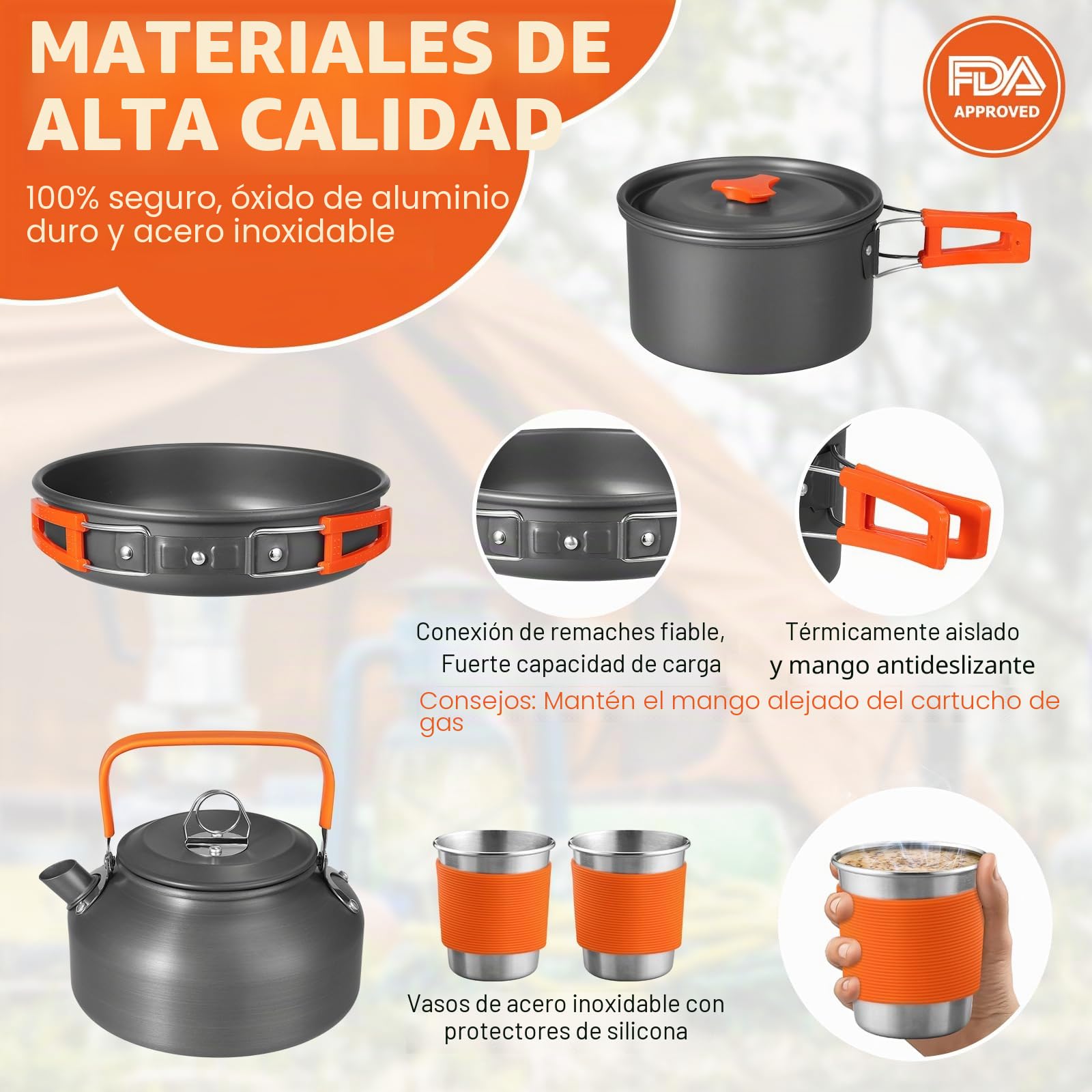 FUNYKICH 17PCS Utensilios Cocina Camping, Antiadherente Ligero Camping Ollas y Sartenes con Hervidor de Agua, Tazas de Acero Inoxidable, Tenedores Plegables Cuchillos Cucharas para Acampar