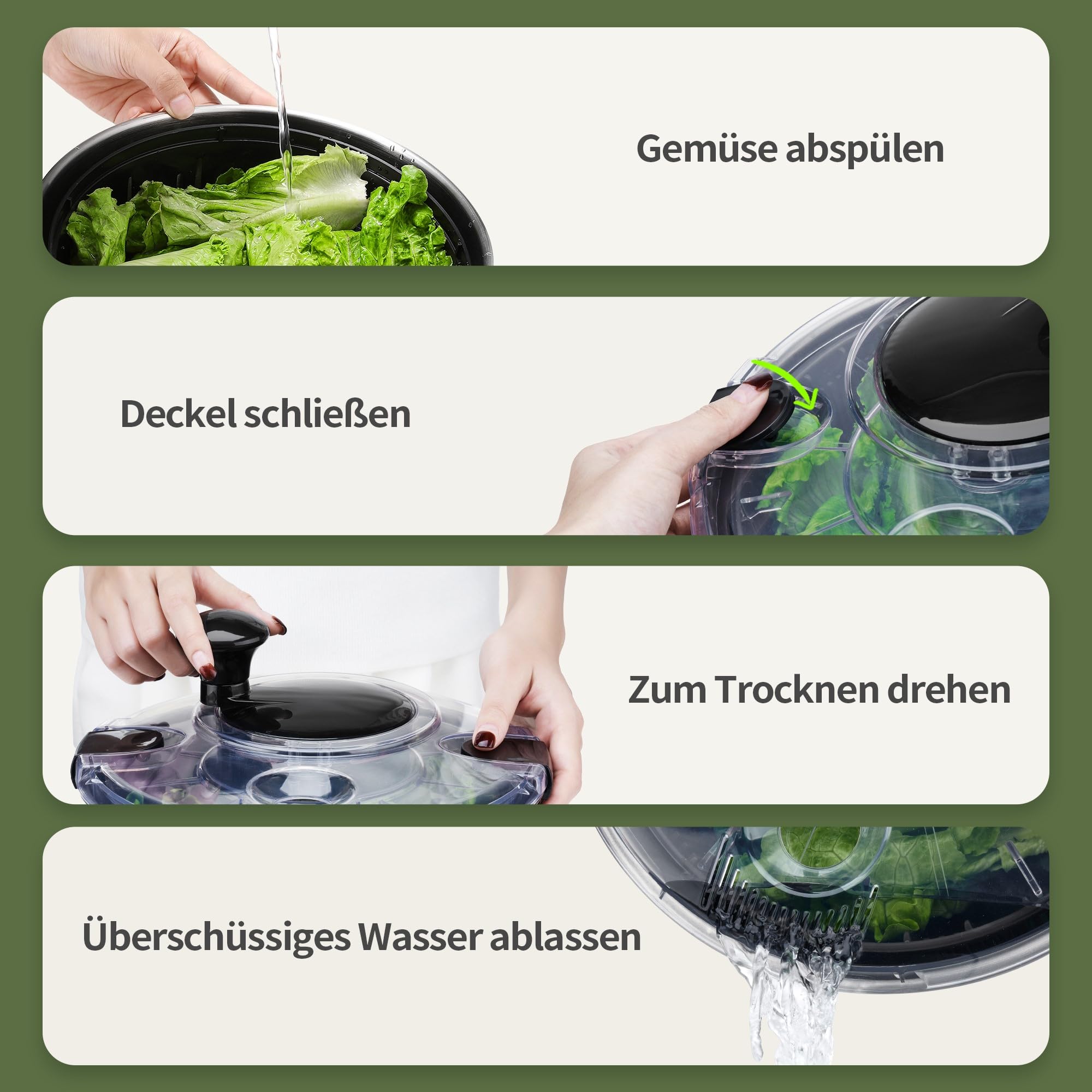 Groß 4,5L Salatschleuder Edelstahl 18/10 Hochwertige mit Transparentem Deckel, Rutschfestem Boden - Salad Spinner mit Kurbelantrieb - BPA-frei & Spülmaschinengeeignet, Schwarz