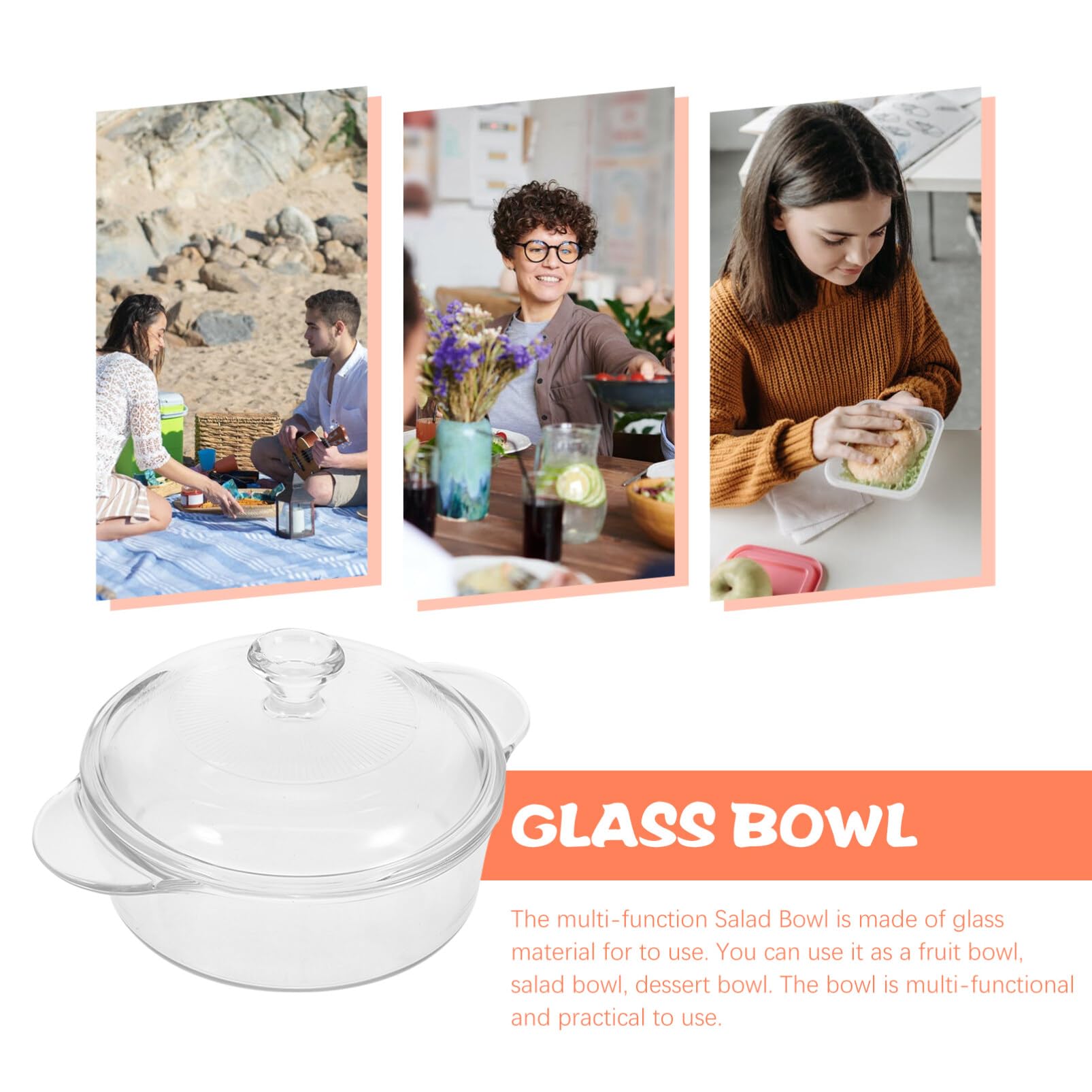Alipis Große Salatschüssel aus Glas 1l mit Deckel und Doppgriffen | Transparent, Leicht zu Handhaben und Transportieren, zum Aufbewahren und Servieren von Speisen