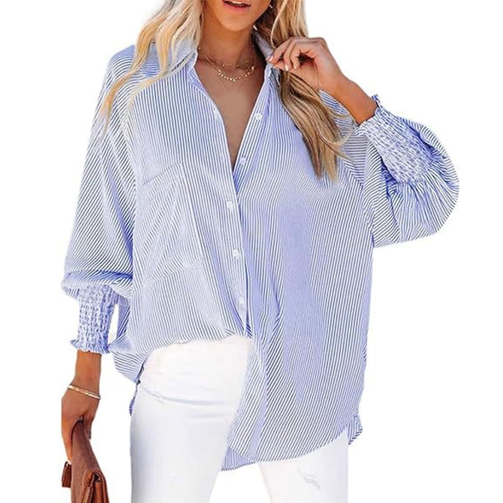 Mid-Length Shirt with Striped Lapel and Oversized Drawdown Sleeves,Striped Button Down Shirt Women,Loose Fit Puff V Neck Stripes Button up Blouses for Women (Blue,L)