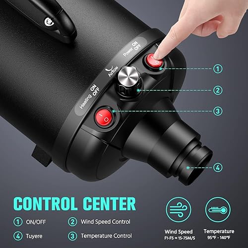 Miniatura 2 de Secador de mascotas, 5.2HP/3800W para aseo de mascotas con control de velocidad y temperatura ajustable, secador soplador para perros, secador