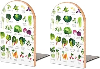 Collection sans couture de divers légumes et herbes communes sur fond blanc – Lot de 2 serre-livres en bois antidérapant pour étagères, maison, bureau, bibliothèque, étude, décoration S