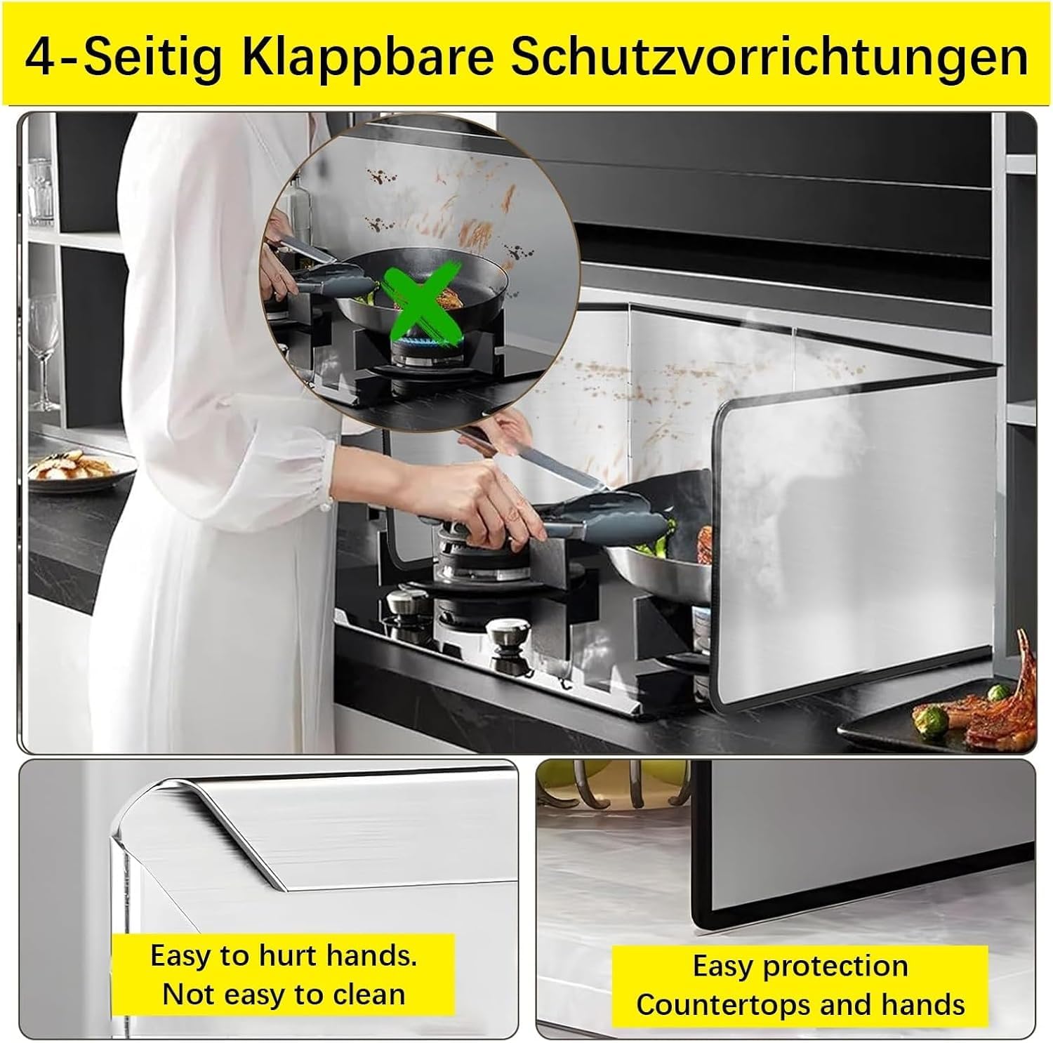 Stainless Steel Grease Splatter Screen, Foldable 4-Sided Cooking Guard, Frying Oil-Proof Splash Shield for Kitchen, Anti-Splatter Tool for Stove