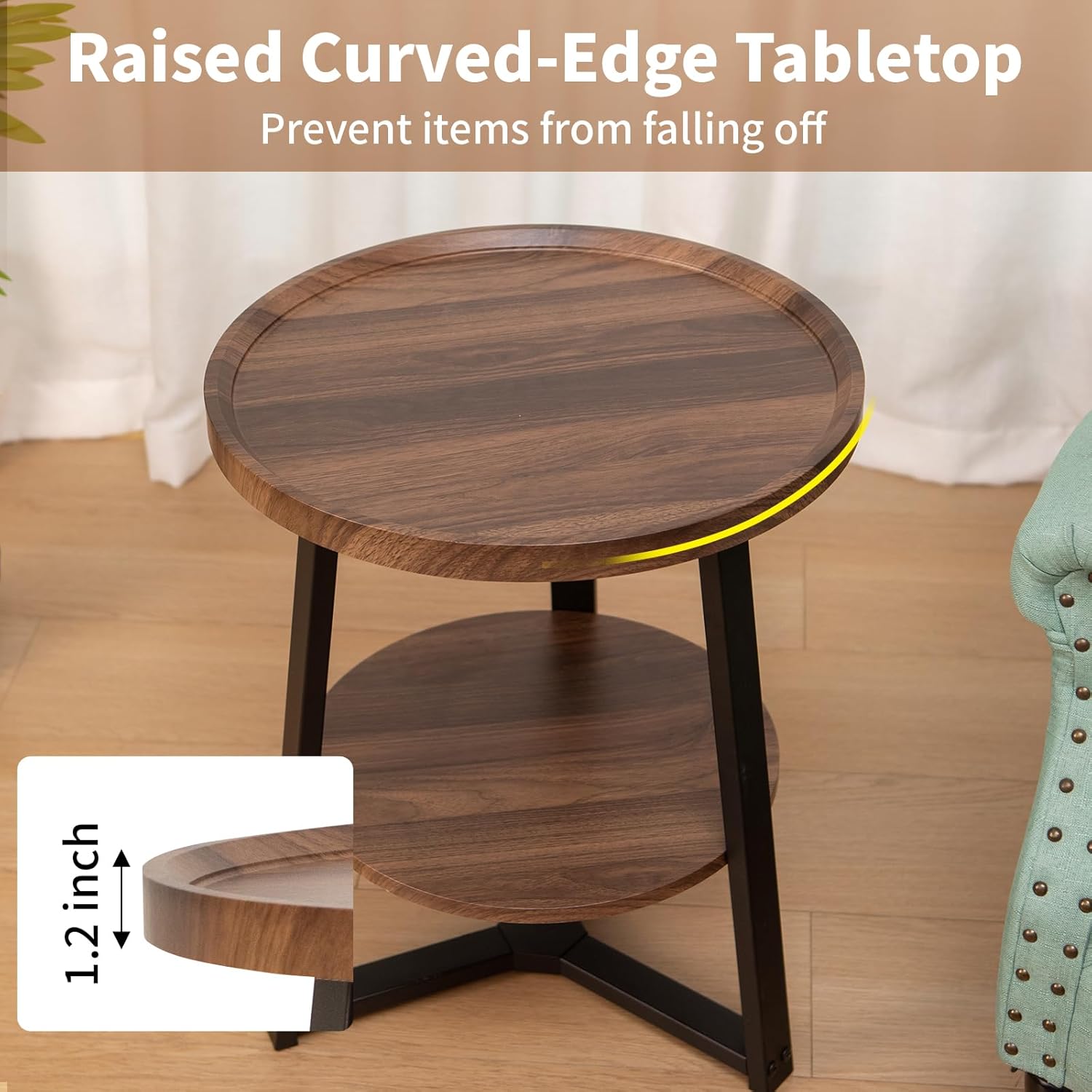 Side Table, 2-Tier Round End Table for Living Room, Small Nightstand Wooden Bedside Tables with Storage Shelf, 19.5-Inch Circle Accent Table for Bedroom, Office, Apartment (Walnut)