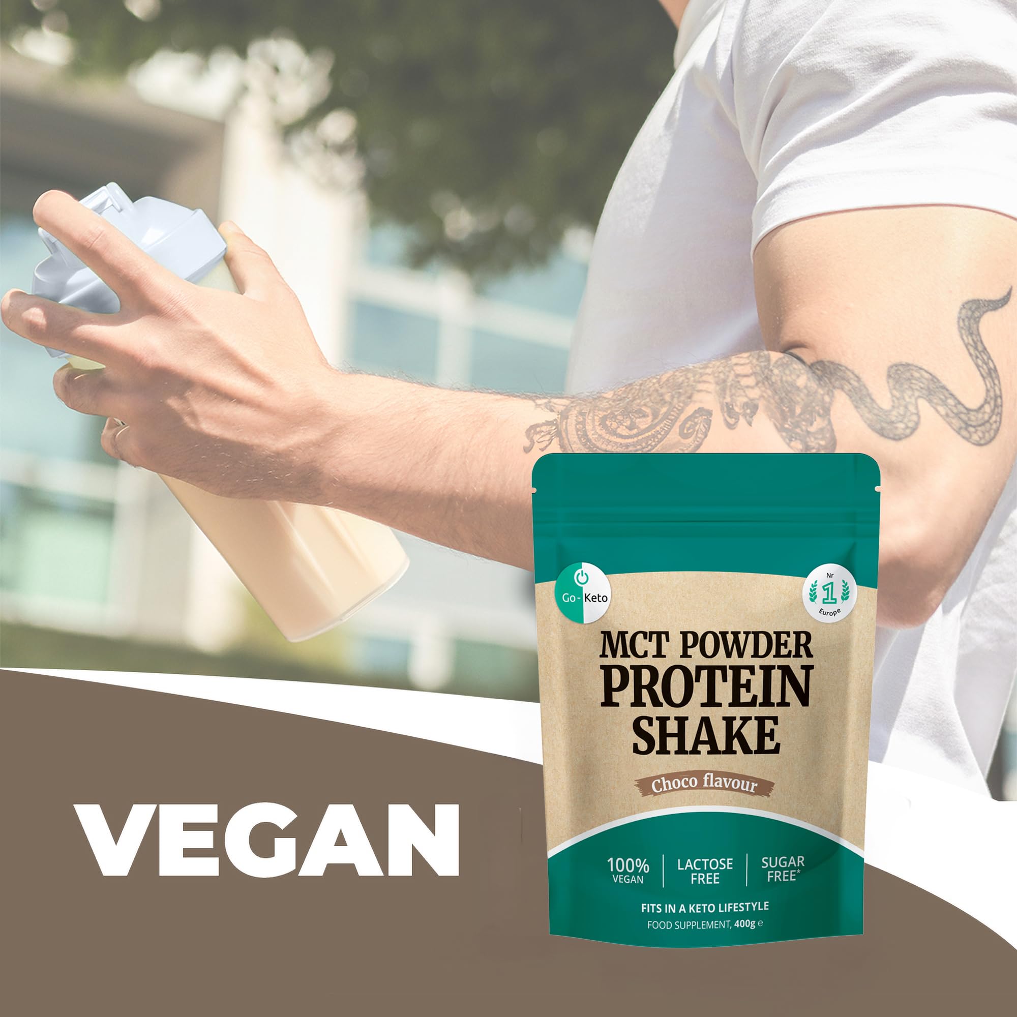 Go-Keto MCT Vegan Protein Shake Chocolate, 400g polvere | con MCT dall'olio di cocco per la tua dieta keto | proteine ​​vegane da proteine ​​di piselli e proteine ​​di riso
