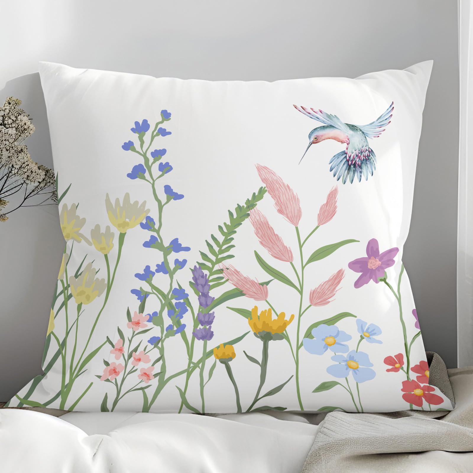 Cushion Covers 40cm x 40cm Blue Hummingbird Decorative Pillows Soft Short Plush for Sofa and Bedroom Machine Washable Bed Cushions Easy Care Throw Pillow for Autumn Winter