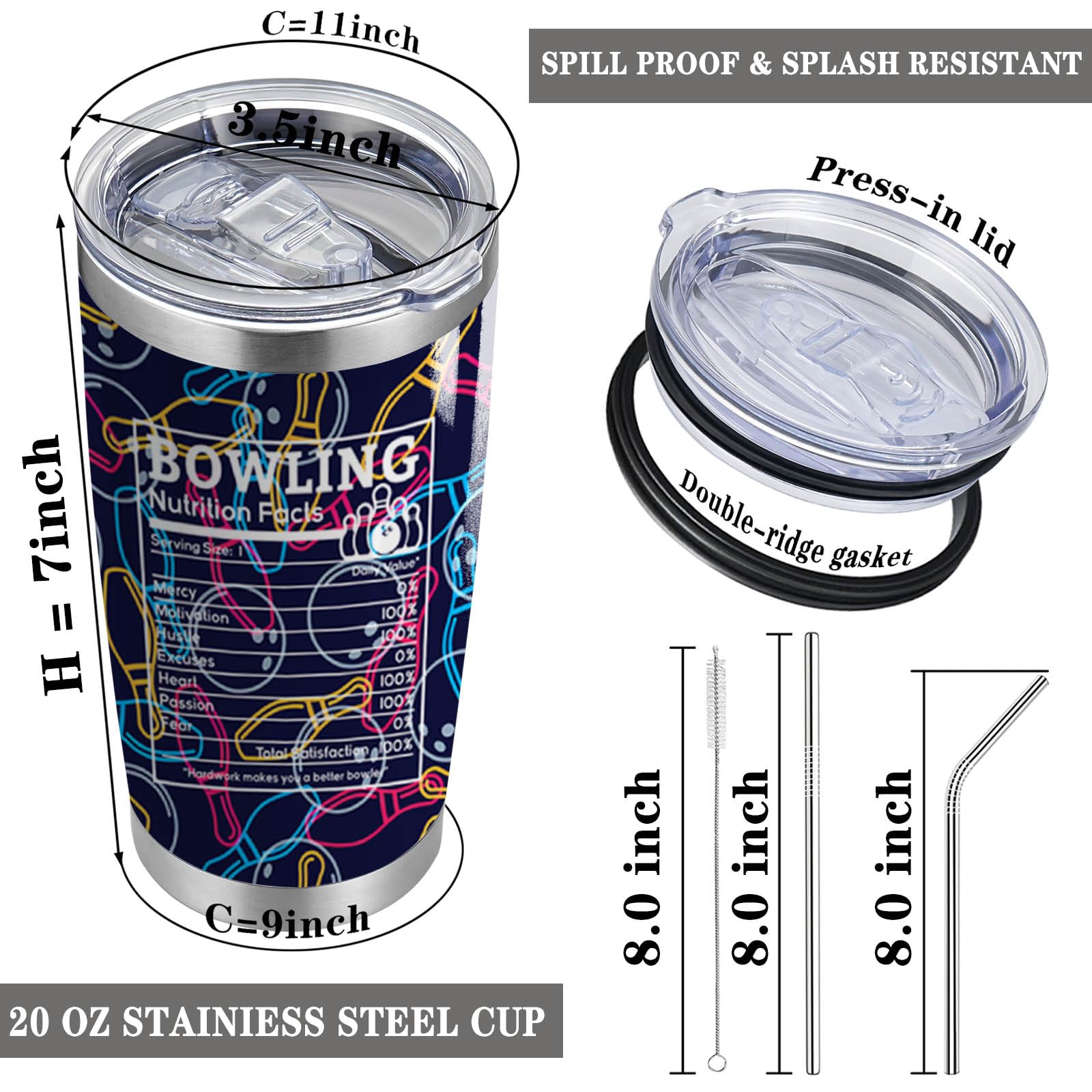 Bowling Gift This is How I Roll 20oz Tumbler with Lid and Straw Bowling Nutrition Facts Travel Cup Bowling Lover Gift Bowling Team Gifts (Bowling Nutrition Facts)