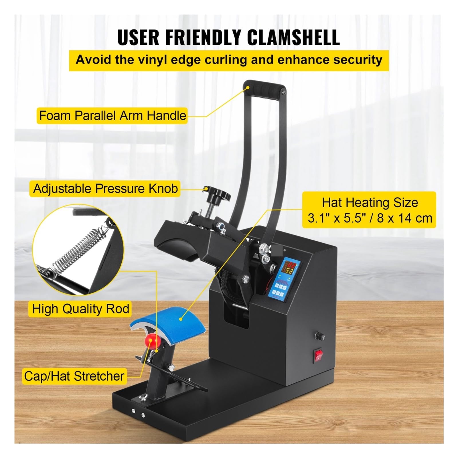 Pressa a caldo, Pressa di calore for cappelli, macchina for sublimazione for stampaggio a trasferimento di calore da 5,5 X 3,5 pollici, conchiglia con display digitale for pubblicità fai-da-te