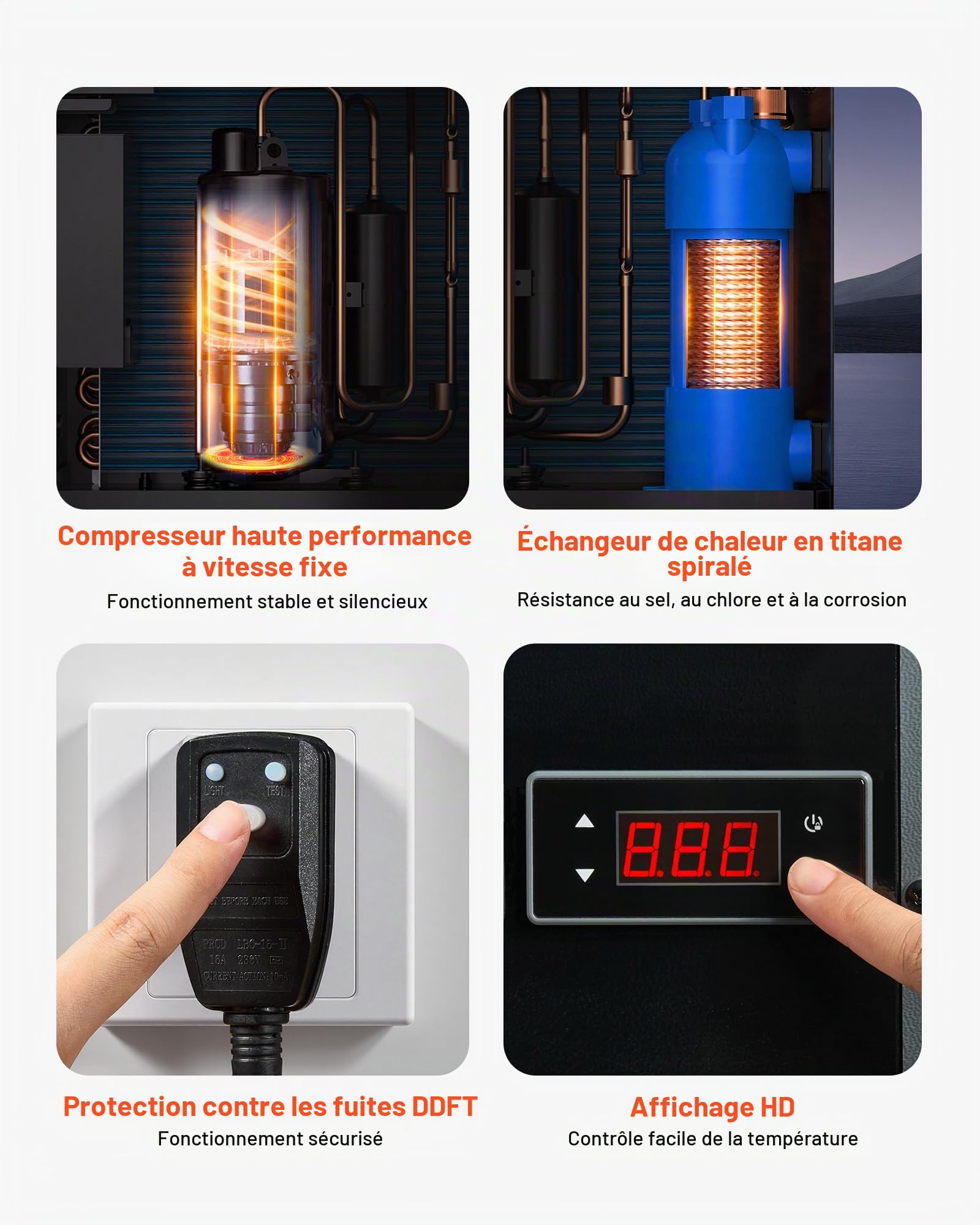 VEVOR Pompe à Chaleur pour Piscine 4,16 kW Chauffage Électrique de Piscine Hors Sol Jusqu'à 15 m³ pour Natation, COP Max. 5,14, Faible Niveau Sonore, Protection GFCI, Température de Chauffe 15 à 40 °C