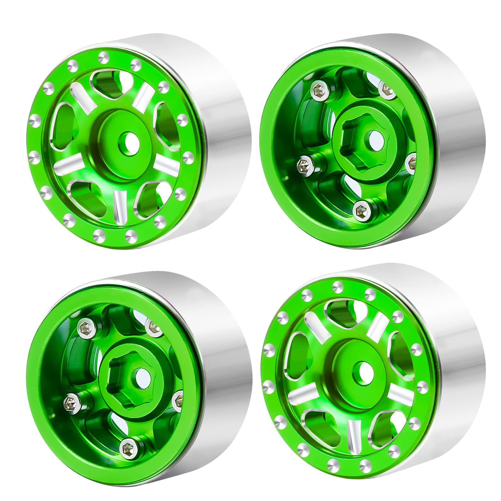 Que-T 4pcs Metal Beadlock Wheel Rims Hubs for RC Axial SCX24 AXI90081 Deadbolt AXI00001 AXI00002 1/24 Crawler Car (Green)