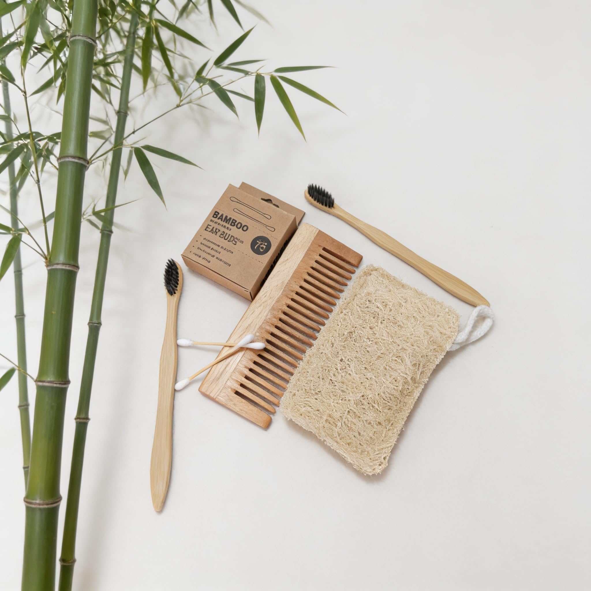 Eco Friendly Bamboo Toothbrush Neem Wood Comb And Natural Loofah Set Sustainable Personal Care Kit - Two tooth Brush, One Comb and One Loofah and bamboo ear buds 75 pcs-image-42
