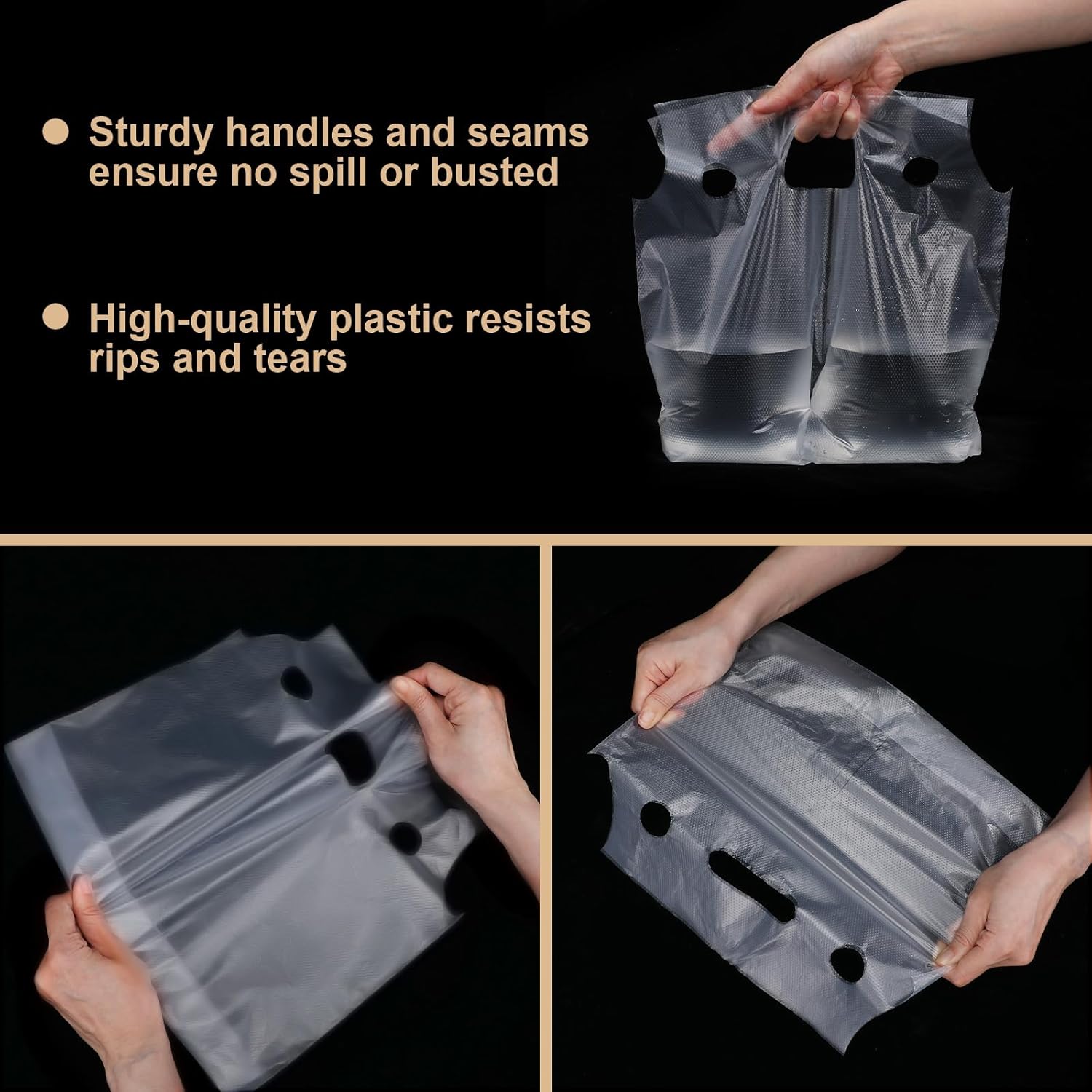 300 Pack Handle Drinking Poly Bags, Clear Plastic Packaging Bags for Delivery, 12" L x 12.2" H Hanging Hole Cup Carrier with Handle for Take Out, Beverage, Coffee, Juice, Stores, Hold 2 Cups
