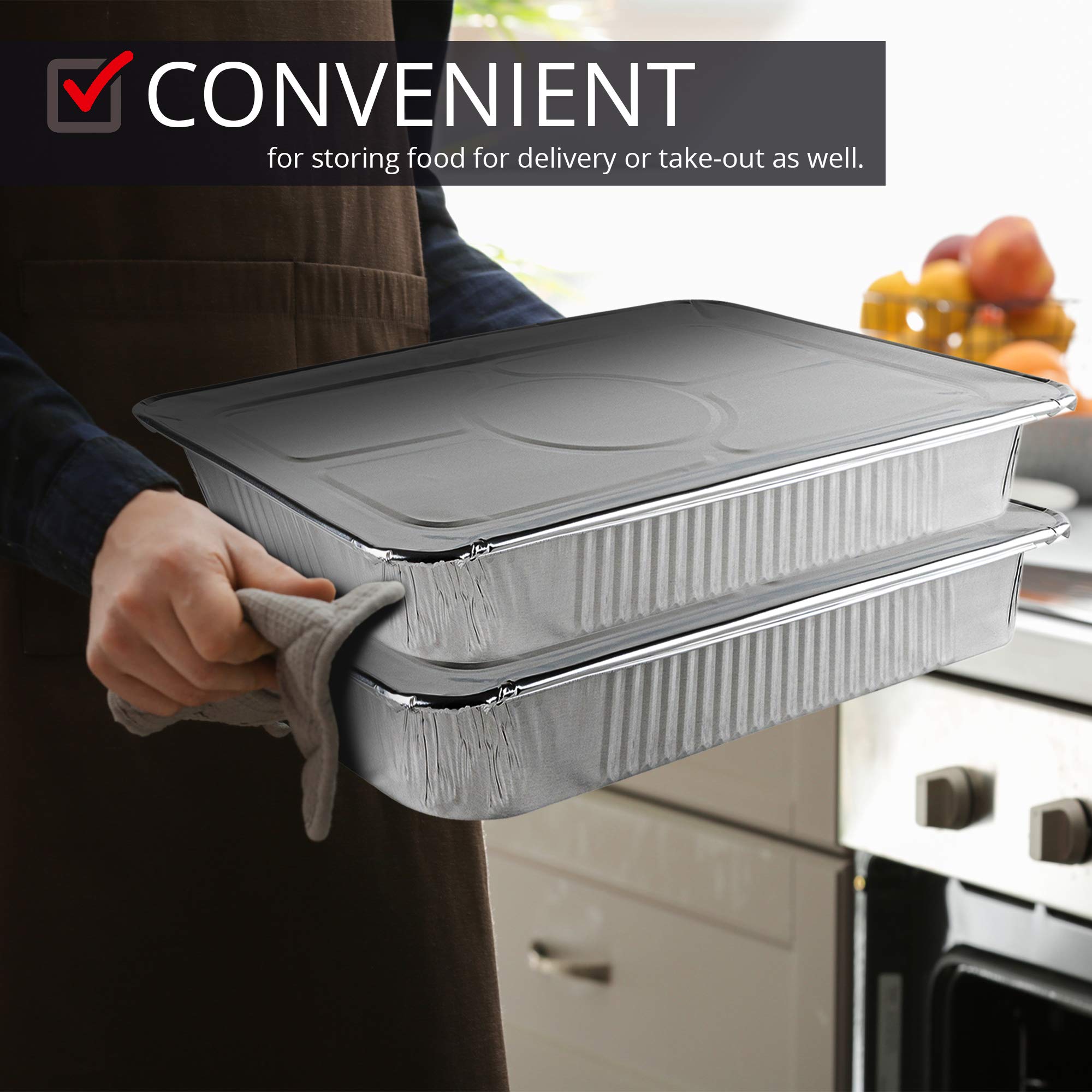 Aluminiowe patelnie z pokrywkami, 21 x 13 jednorazowych patelni do pieczenia z pokrywkami, 10 patelni foliowych i 10 pokrywek foliowych, solidne patelnie gastronomiczne, jednorazowe pojemniki na