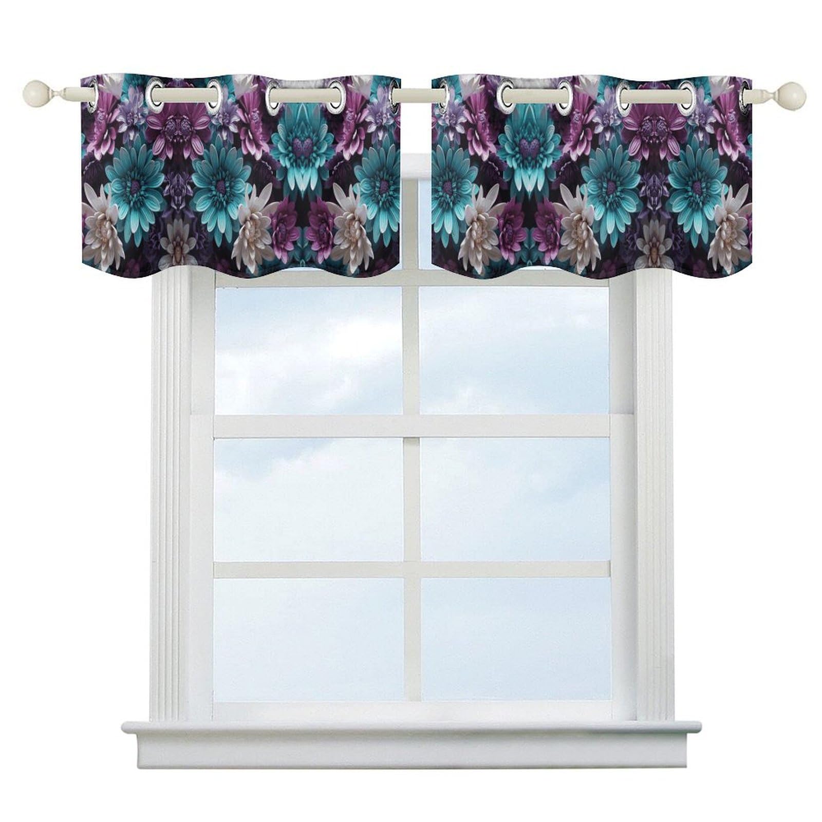 Rideau occultant court motif floral violet bleu sarcelle cantonnière de fenêtre