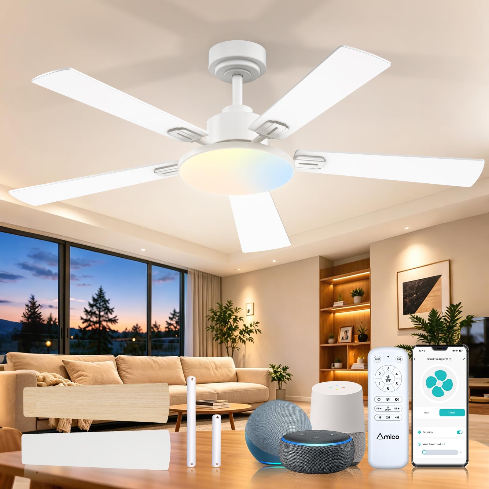 Amico 52 Inch Smart Ceiling Fans with Lights