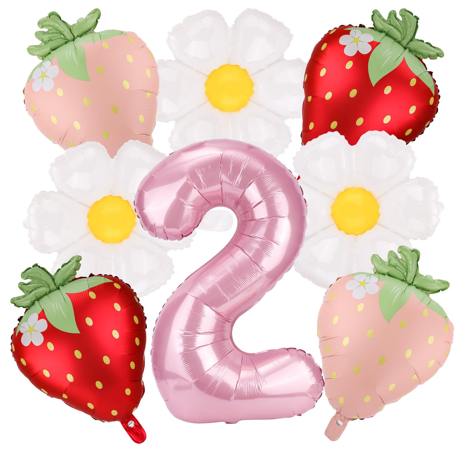 lasuroa 8pcs Berry 2nd Birthday Balloons Kit, Cute Strawberry Daisy Foil Balloons Decorations Sweet Fruit Theme 2nd Birthday Party Supplies for Girls