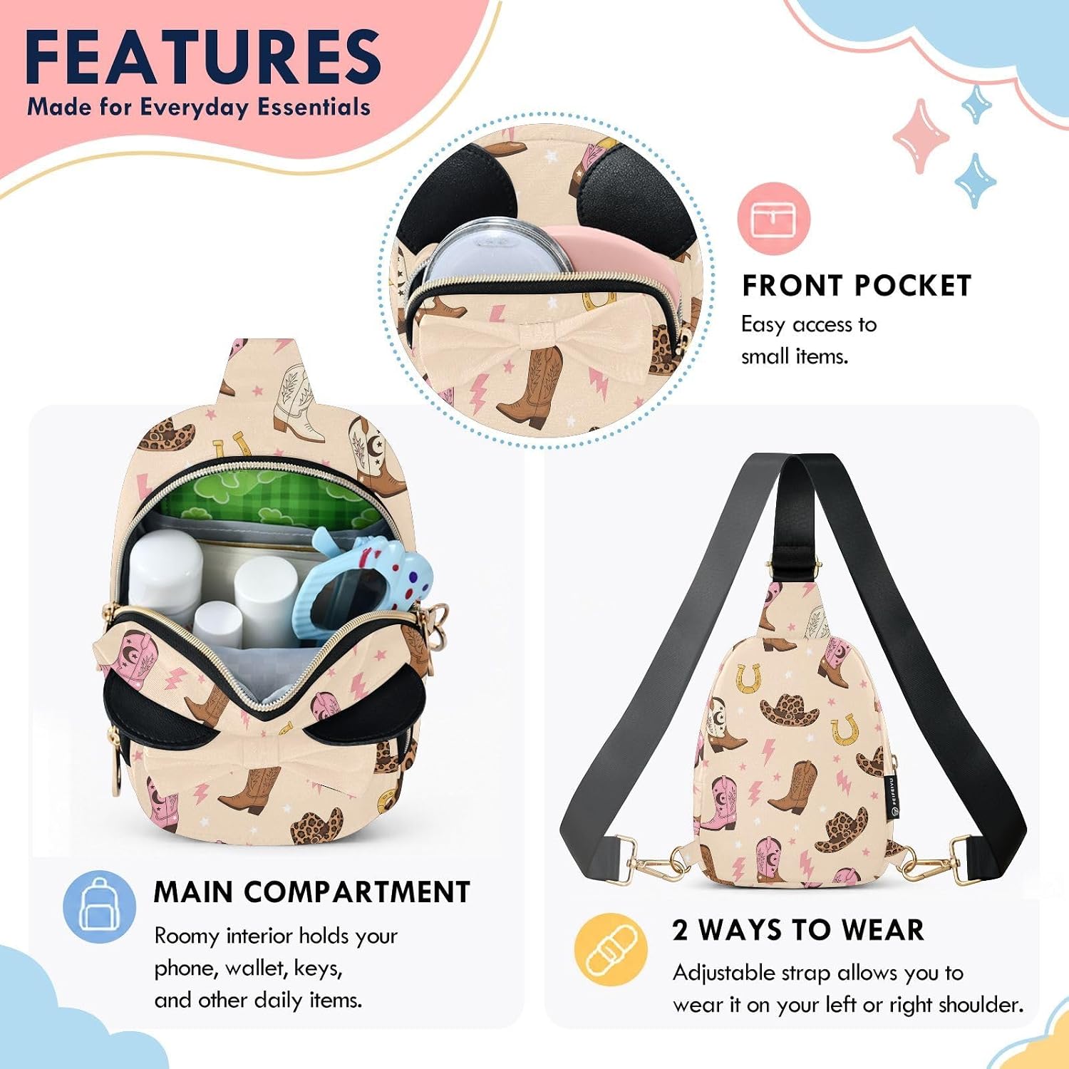Sinestour Western Cowboy Kids Crossbody Bags for Girls, 3.1x5.7x7.5Inches | Crossbody Fanny Pack, Toddler Purse, Cute Sling Belt Bag with Ears, 2L Small Shoulder Chest Bag for Travel
