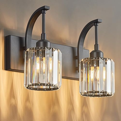 Miniatura 56 de Luces de tocador de cristal cromadas de 4 luces, modernas lámparas de baño de cristal sobre espejo de 32.67 pulgadas de largo para baño Cromo
