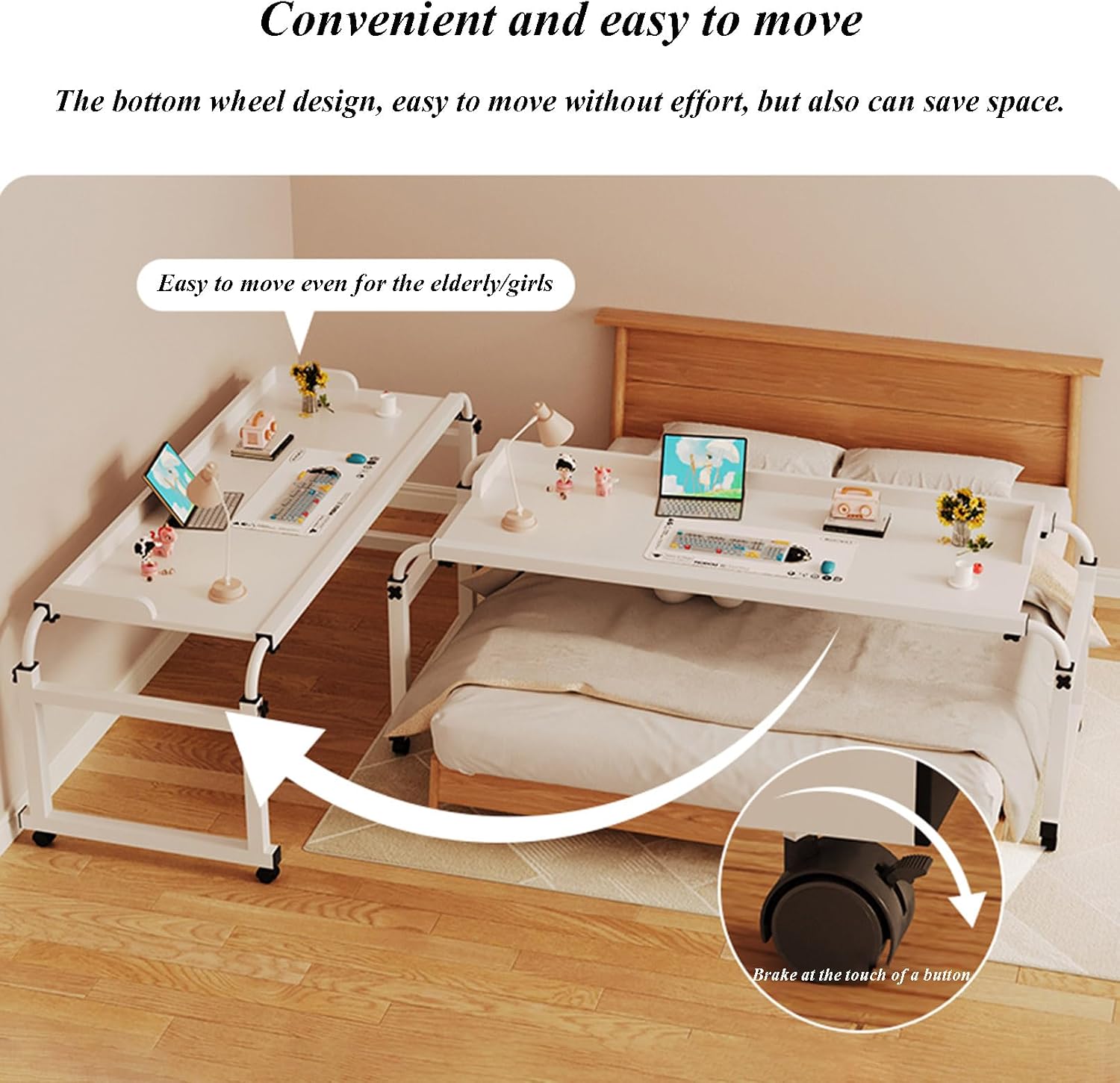 Bedtable Overbed Table with Wheels, Adjustable Height Over The Bed Table Rolling Desk Over Bed Computer Laptop Table, Moveable Medical Bed Desk for Hospital and Home