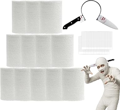 Halloween Mummy Bandage Wrap Costumes Accessories, 60 Yards 12 Rolls Mummy Gauze Cloth with Fake Knife Headband, Cosplay Zombie Makeup Scary Party Props, Photography DecorationLady & Youth