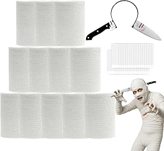 Halloween Mummy Bandage Wrap Costumes Accessories, 60 Yards 12 Rolls Mummy Gauze Cloth with Fake Knife Headband, Cosplay Zombie Makeup Scary Party Props, Photography Decoration(Lady & Youth)