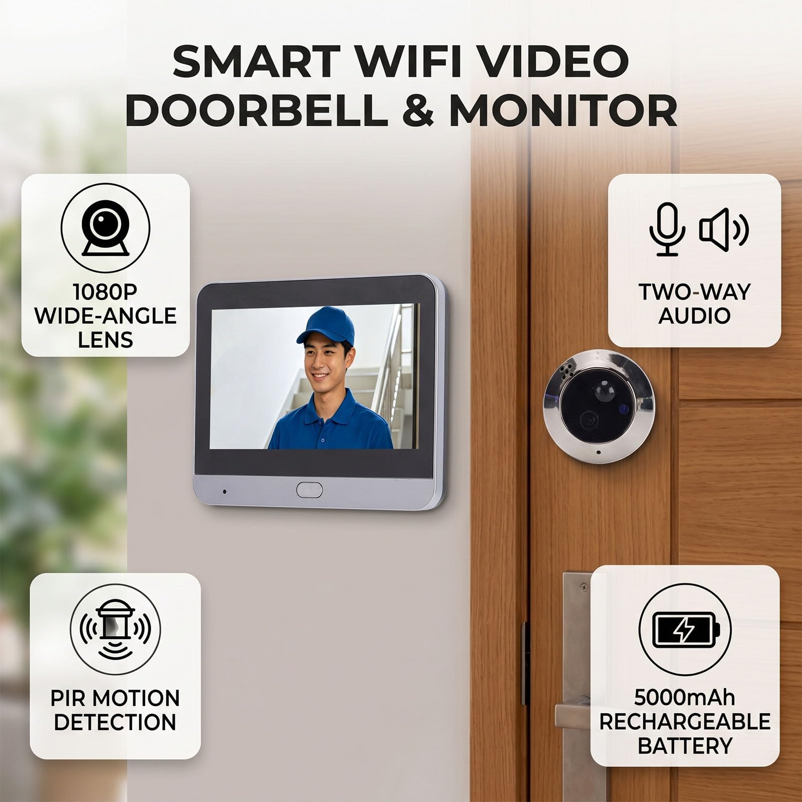 Luocute Timbre con Vídeo Inteligente 1080P, Pantalla LCD de 4,3 Pulgadas WiFi Conversación Bidireccional con Reducción de Ruido, Detección de Movimiento PIR Batería de 5000 MAh para