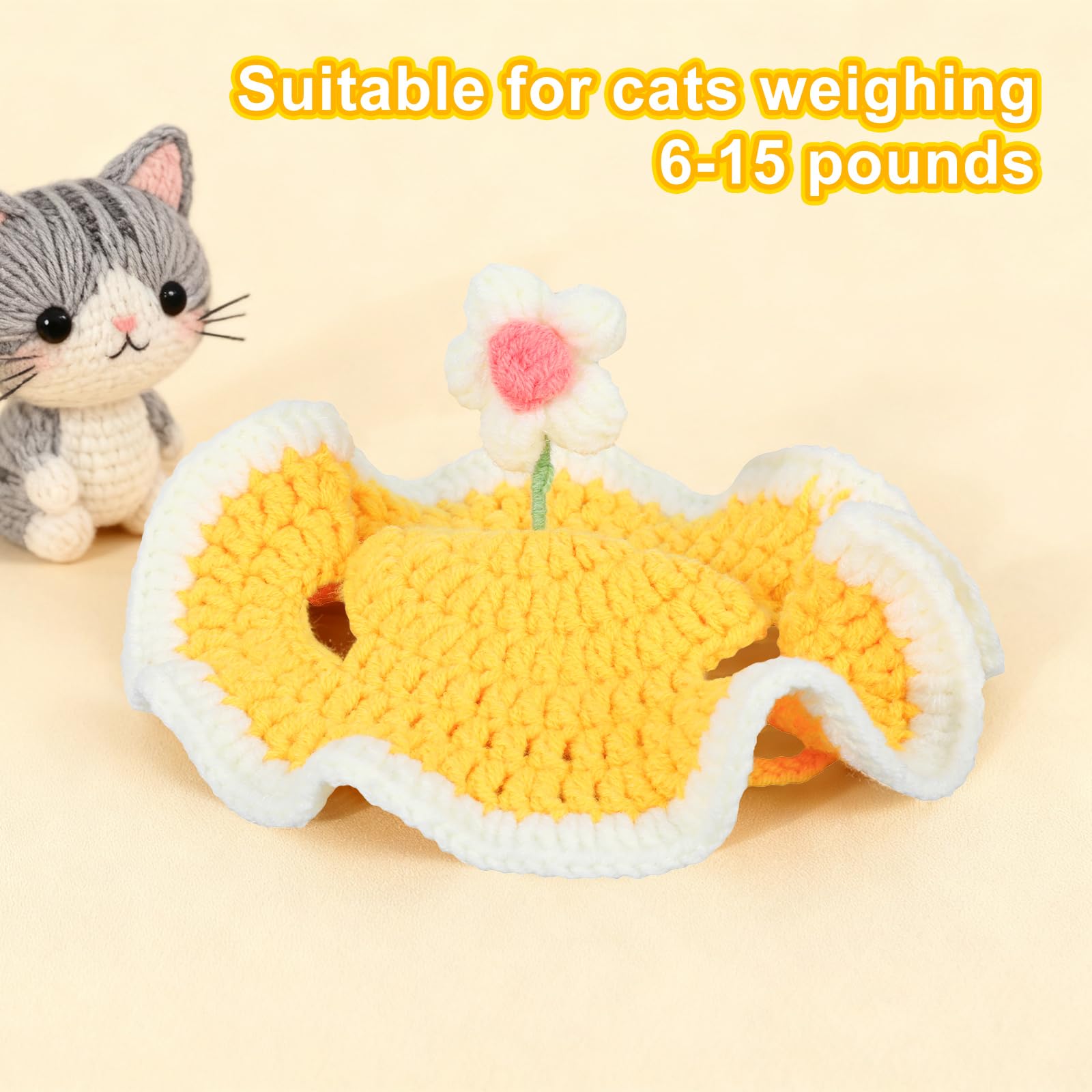 Chapeau d'anniversaire pour Chat avec Trous Oreilles, Ajustable Chapeau Chat Tricoté avec Mignon Design Fleur Dressée pour Fête d'anniversaire Vacances Séances Photo (Jaune)