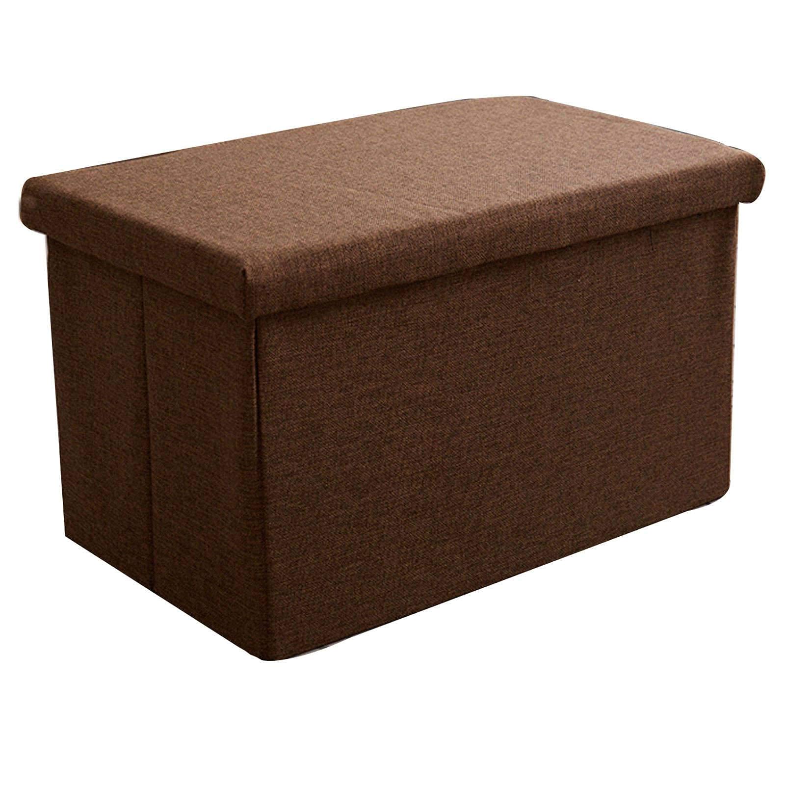 Pouf pliant marron en lin 50x30x30cm avec coffre de rangement intégré