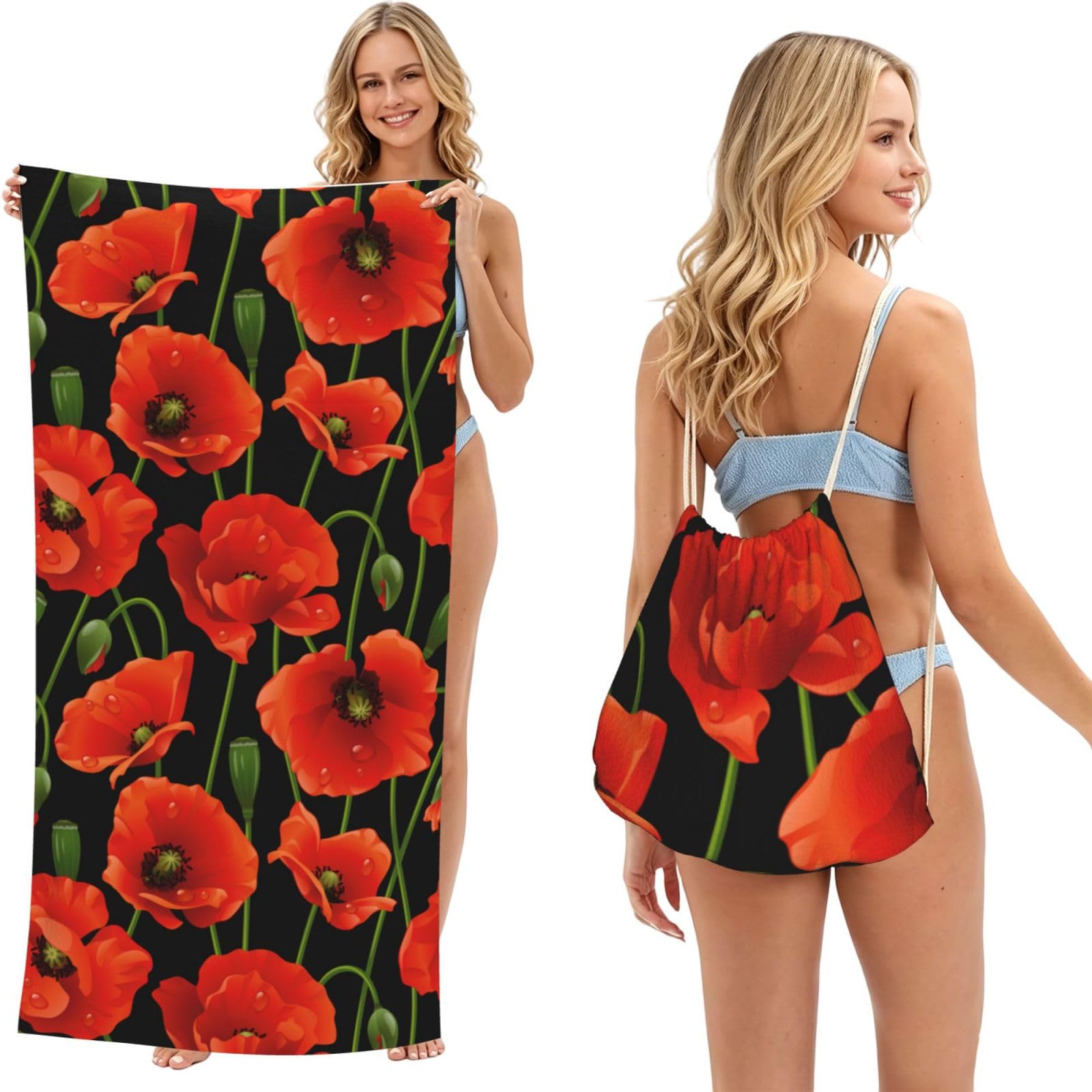 Poadnly As Picture Poppy Flower, 2 In 1 Packable Towel Bag, Beach Towels With Drawstring Backpack For Travel Holiday Camping