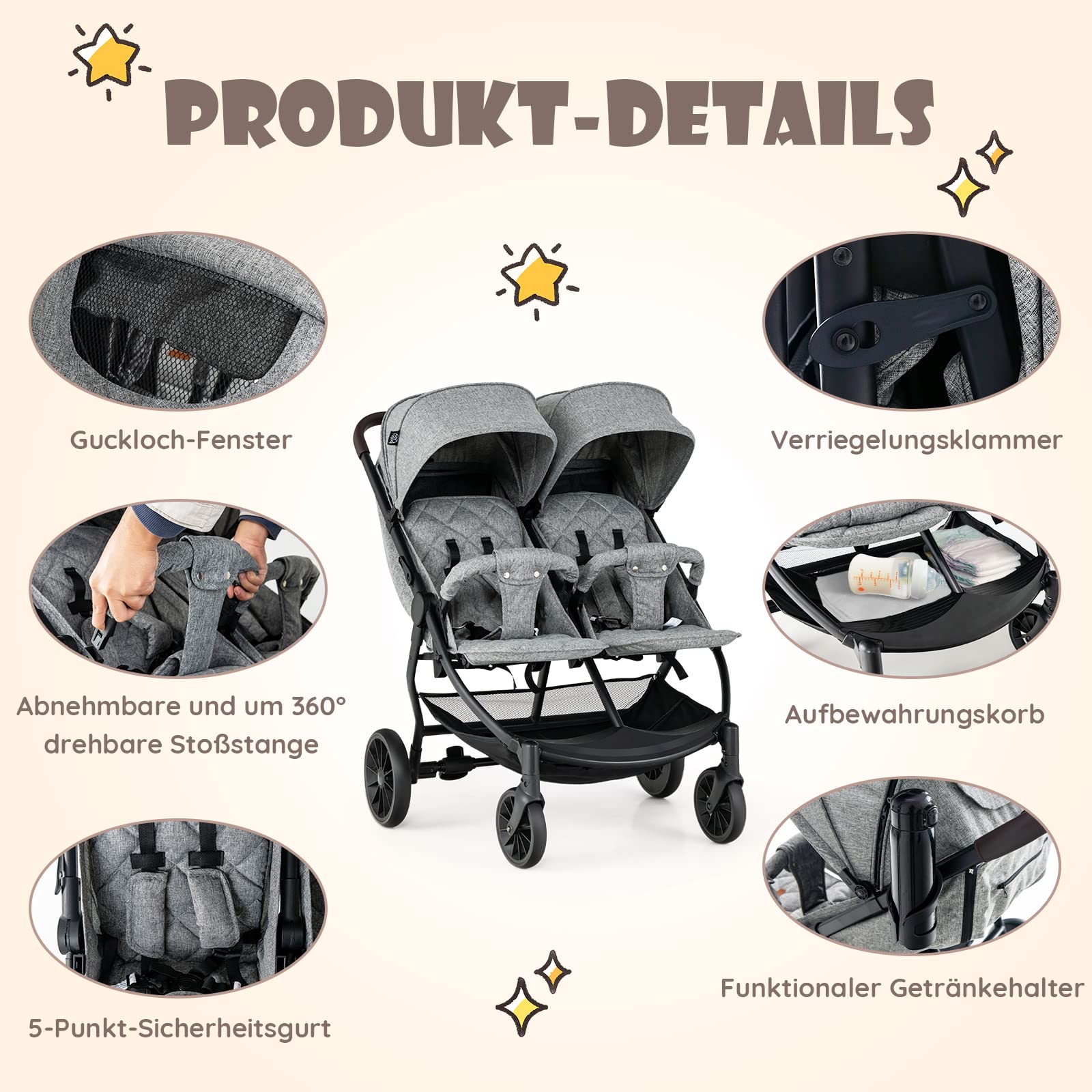 COSTWAY Geschwisterwagen klappbar, Zwillingswagen mit verstellbarer Rückenlehne, Fußstütze & Baldachin, Reisebuggy für Baby bis 3 Jahre (Grau)