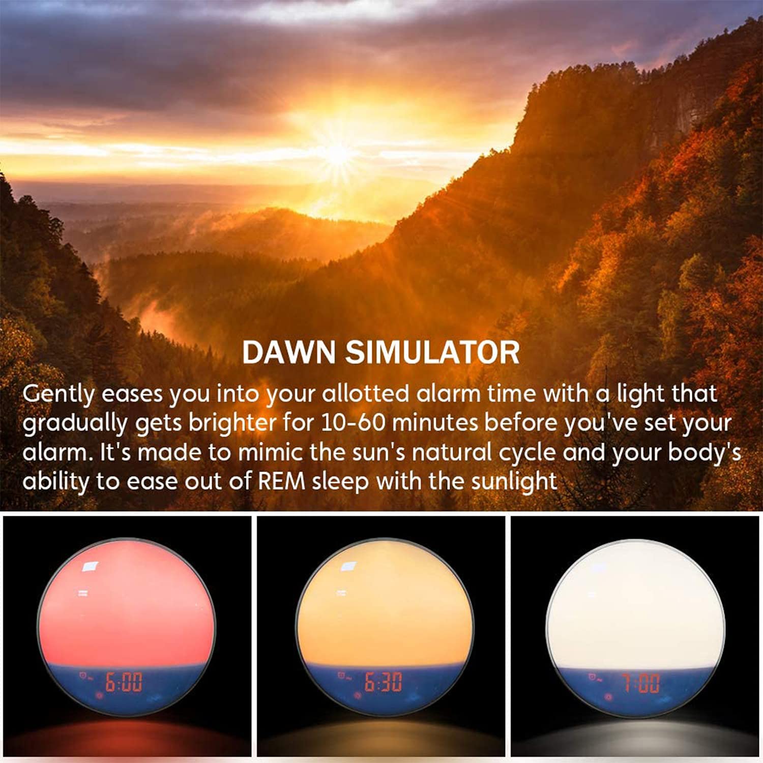 Multifunktionales Licht Smart Clock Tischlampe mit UKW-wecker Schlummerfunktion Nachttischlampe Digitaler Wecker mit Sonnenlichtsimulation