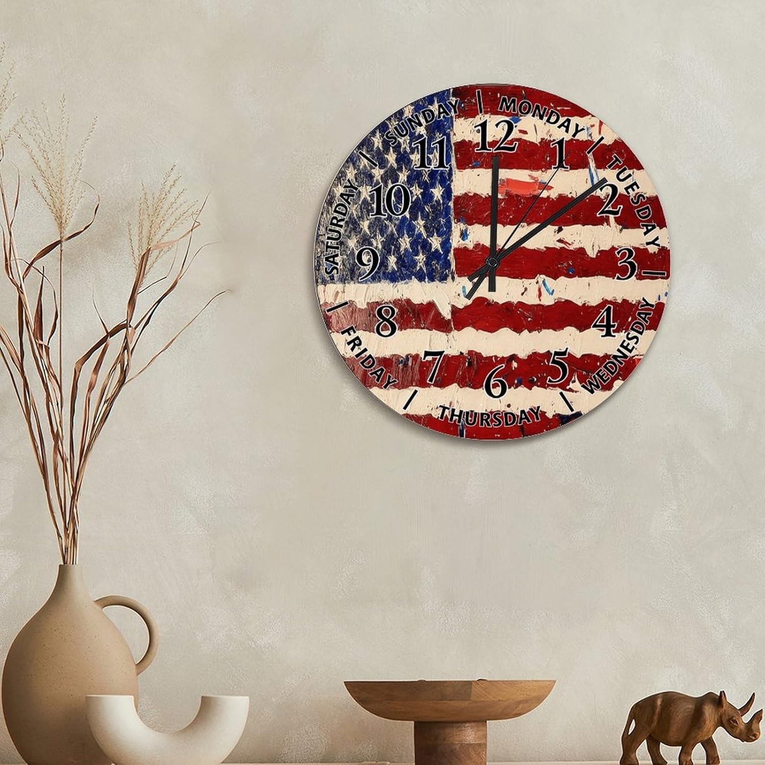 ArogGeld Painting American Flag Wall Clock Day of The Week Patriotic 15 Inch Large Wall Clocks Battery Operated Silent Non-Ticking Retirement Home Decor Kitchen Bedroom Living Room Office