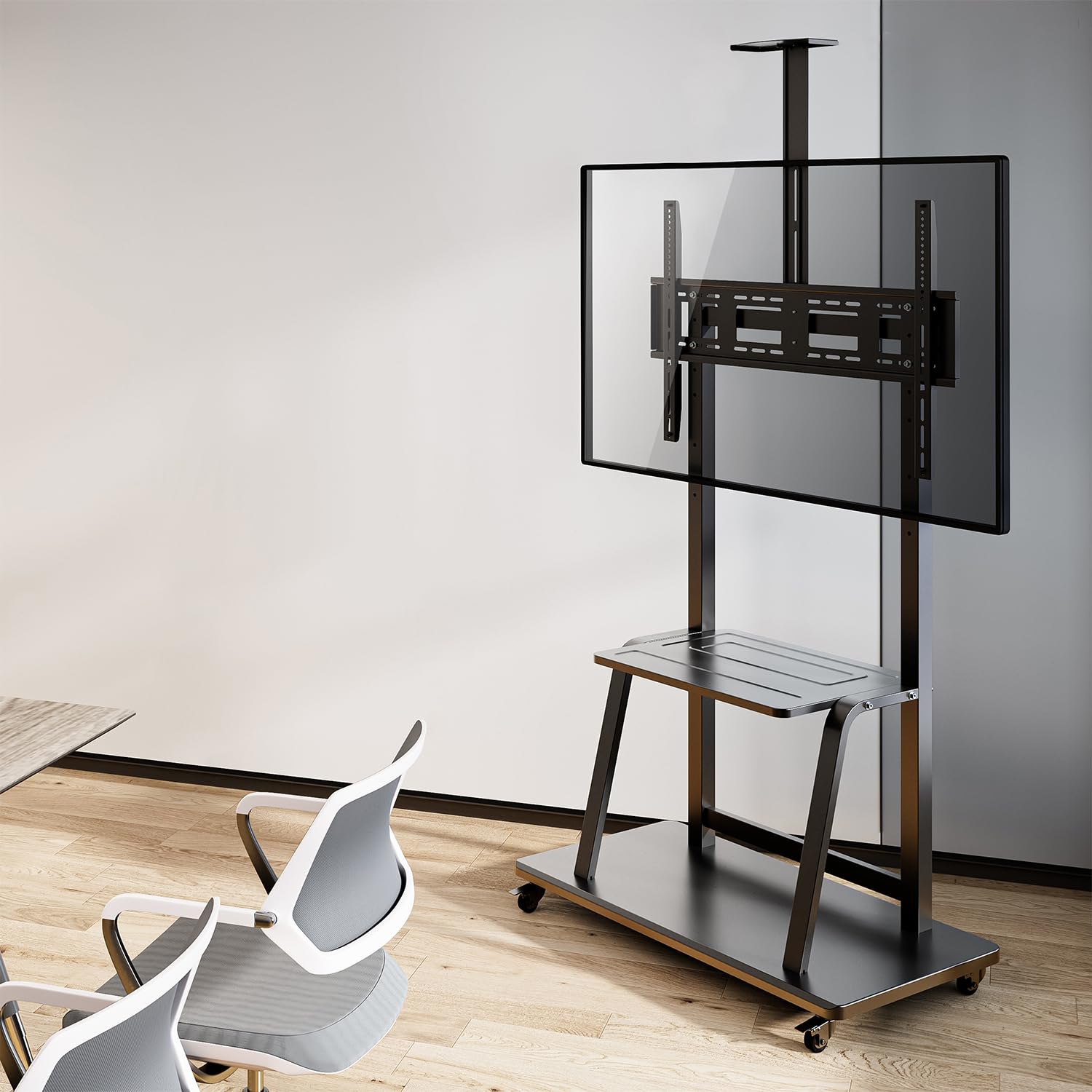 AISENS - FT100E-135 - Soporte de Suelo Eco con Rueda, Bandeja para DVD y Soporte de Cámara para Monitor/TV 150Kg de 37-100, Negro