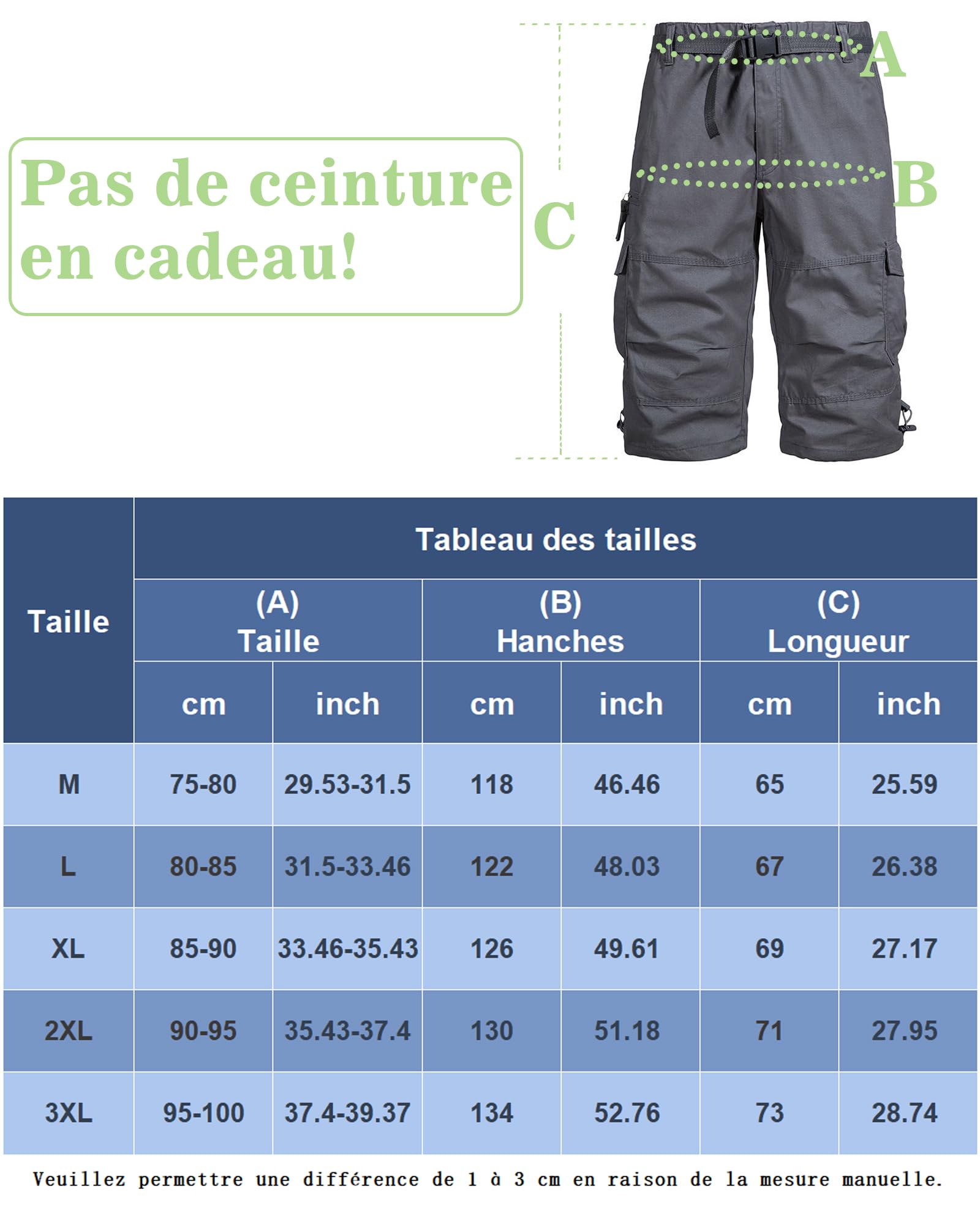 Shorts Cargo Homme Été 3/4 Pantalon Hommes en Coton Léger Court avec Multi-Poches Taille Elastique(Pas De Ceinture)