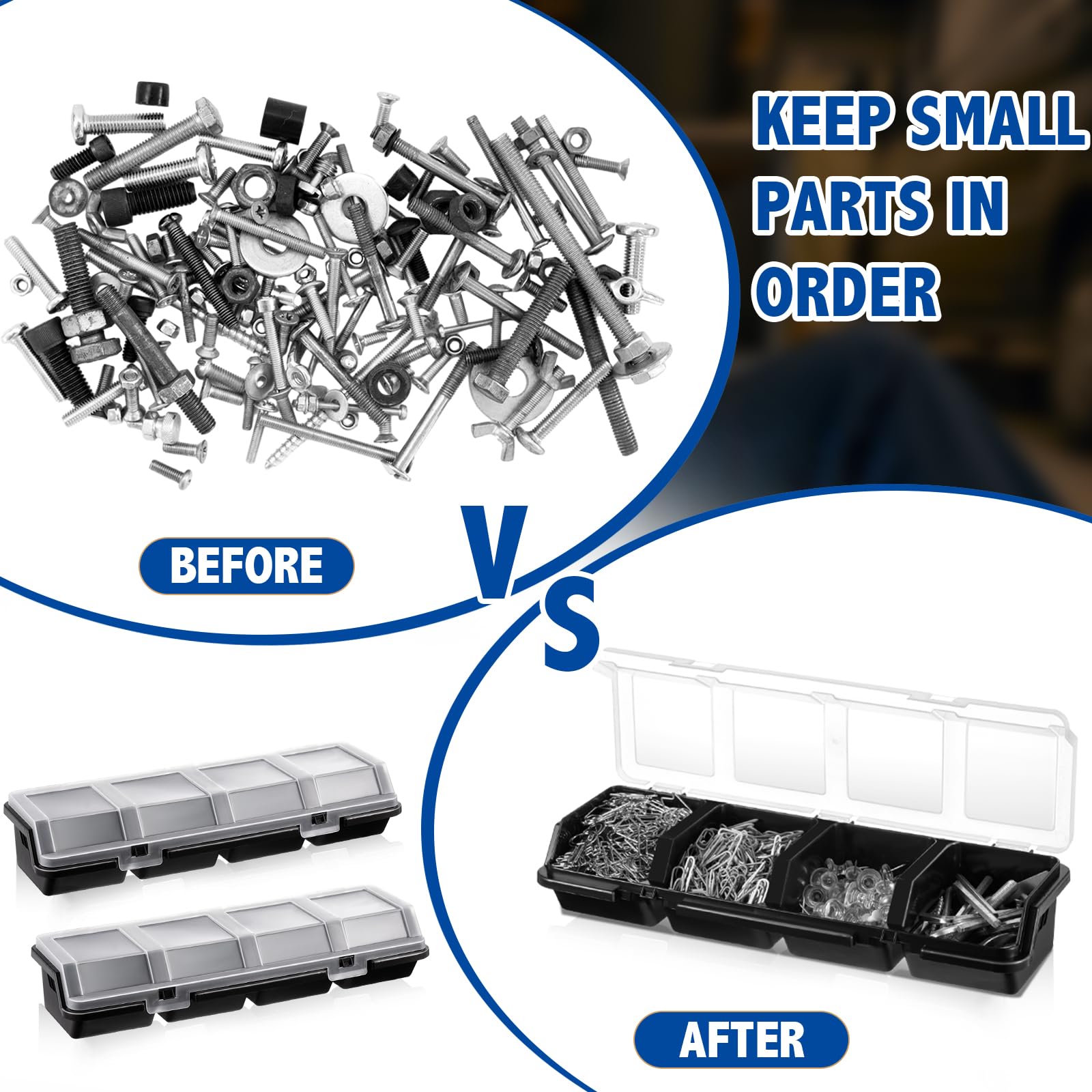 Hushee Confezione da 6 scatole organizer per viti con coperchio, 4 scomparti, divisore per piccoli oggetti, organizer per riporre oggetti, per garage, artigianato, hardware, banco da lavoro (nero)