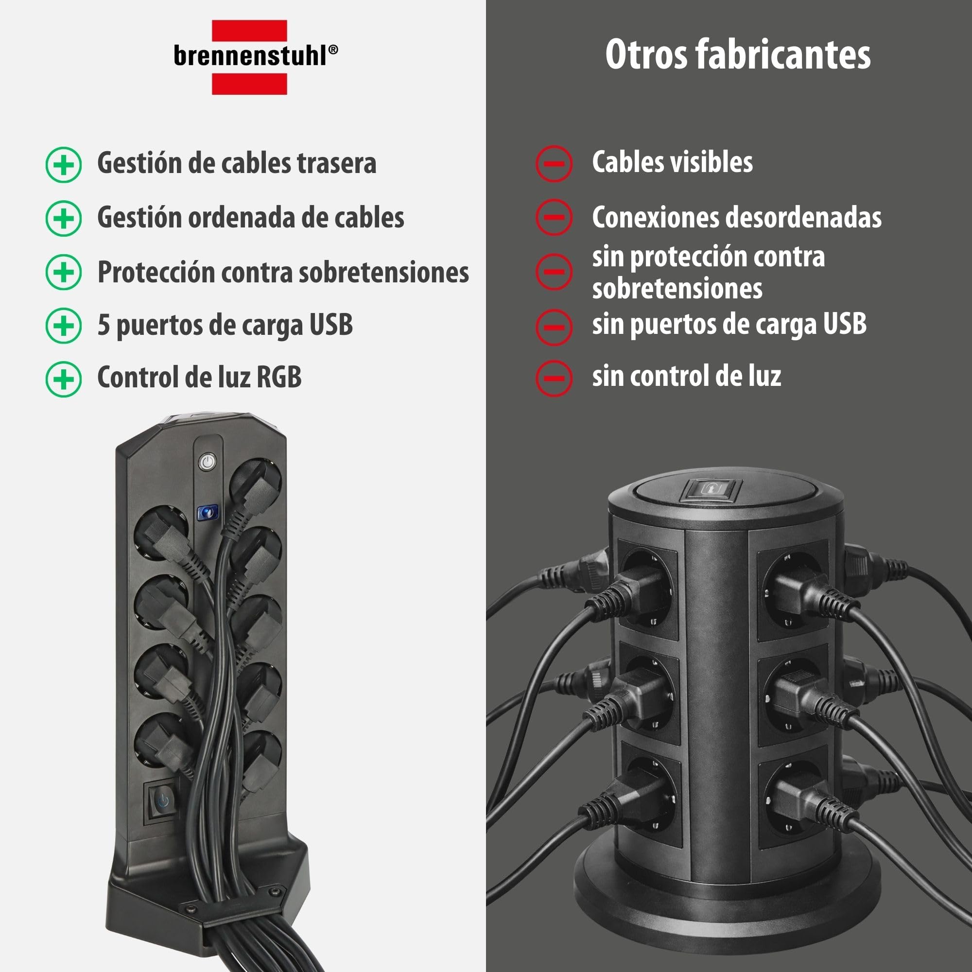 Brennenstuhl Gaming Torre Enchufes Vertical de 9 vías con USB y Control de luz RGB (con protección contra sobretensión, Cable de 2 m, 3X USB C con máx. 45W PD, 2X USB A e Interruptor)
