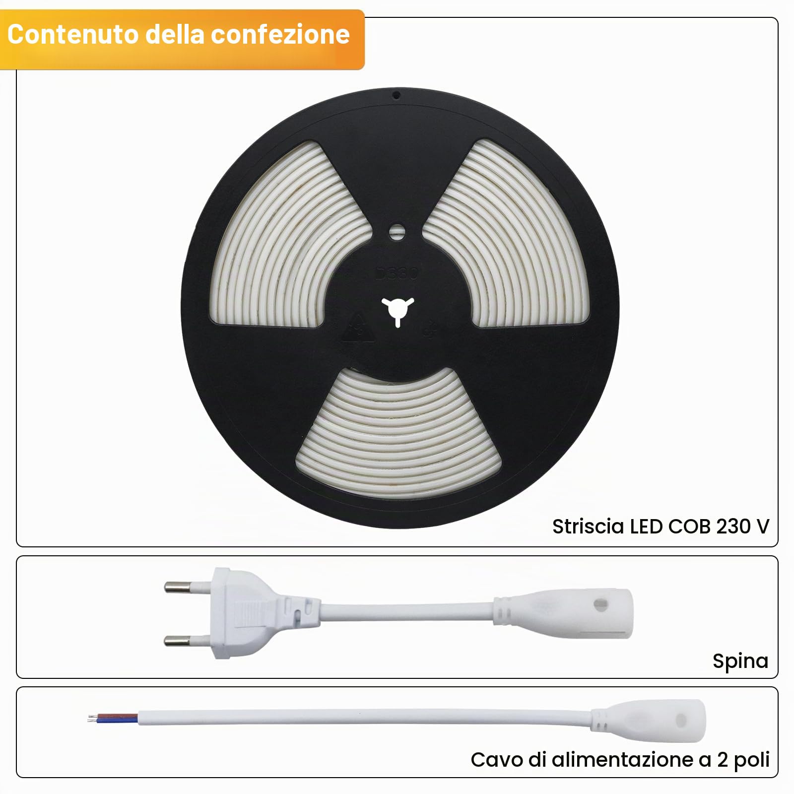 Striscia LED COB da 220 V, 3000 K, luce bianca calda, 10 m, IP67, impermeabile, 296 LED/m, senza driver, direttamente a 230 V, con spina europea, per interni ed esterni, dimmerabile, CRI>90