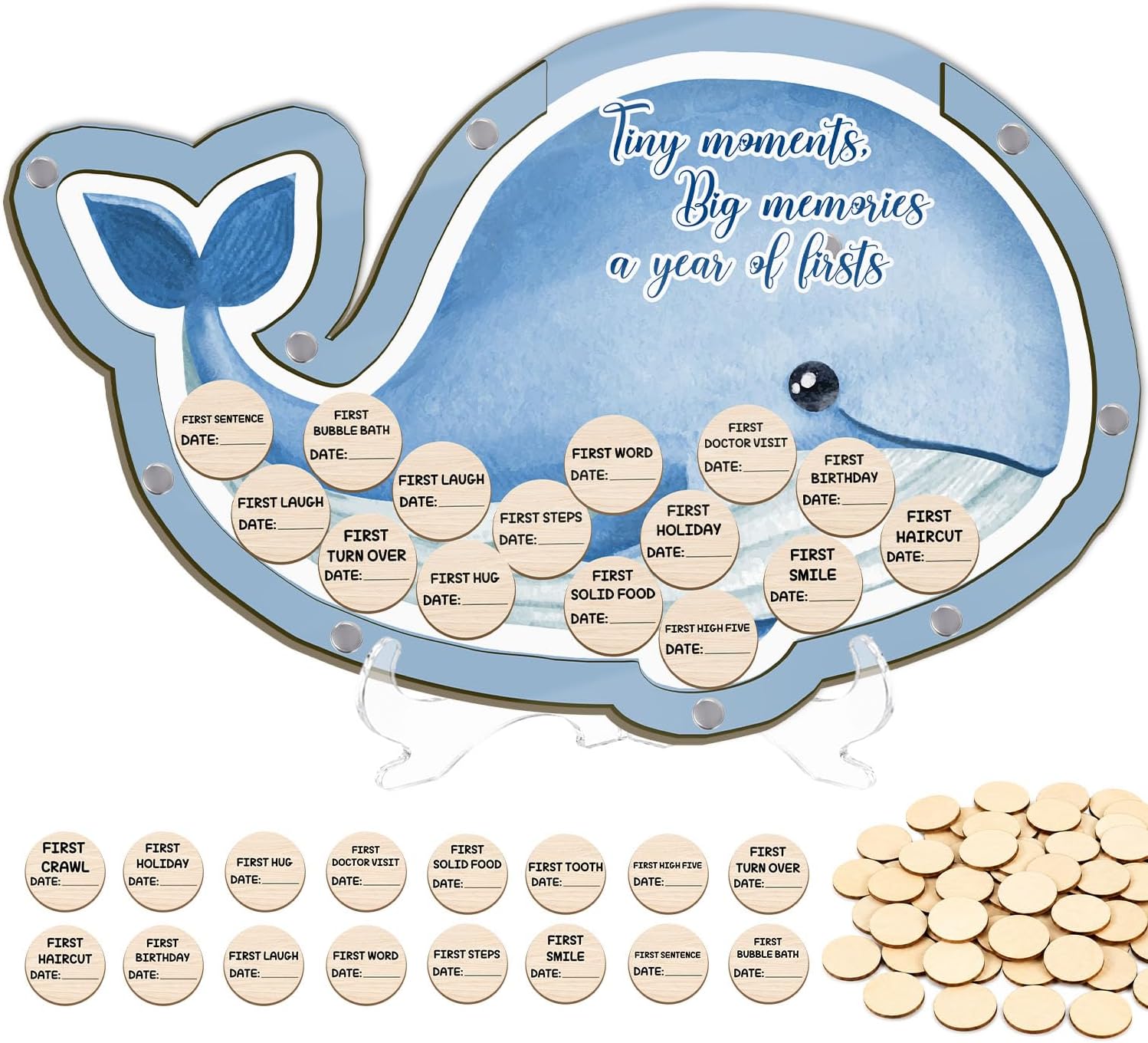 31 PCS Wooden Baby First Milestones Keepsake Set, Whale-Themed Milestone Signs Gift, Baby First Moments, For Newborn Boys & Girls, Newborn Photo Props, Nursery Decor, Baby Shower for New Parents