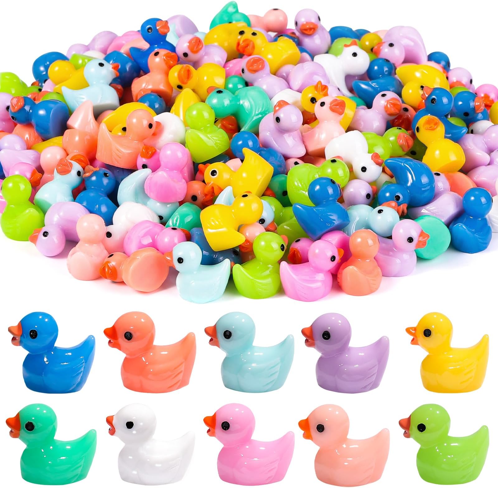 DULEFUN 200pcs Tiny Ducks 10 Colors Little Duck Figures Mini Resin Ducks Plastic Small Miniature Ducks Bulk for Dollhouse Decor Micro Fairy Garden Landscape Aquarium Tiny Toys