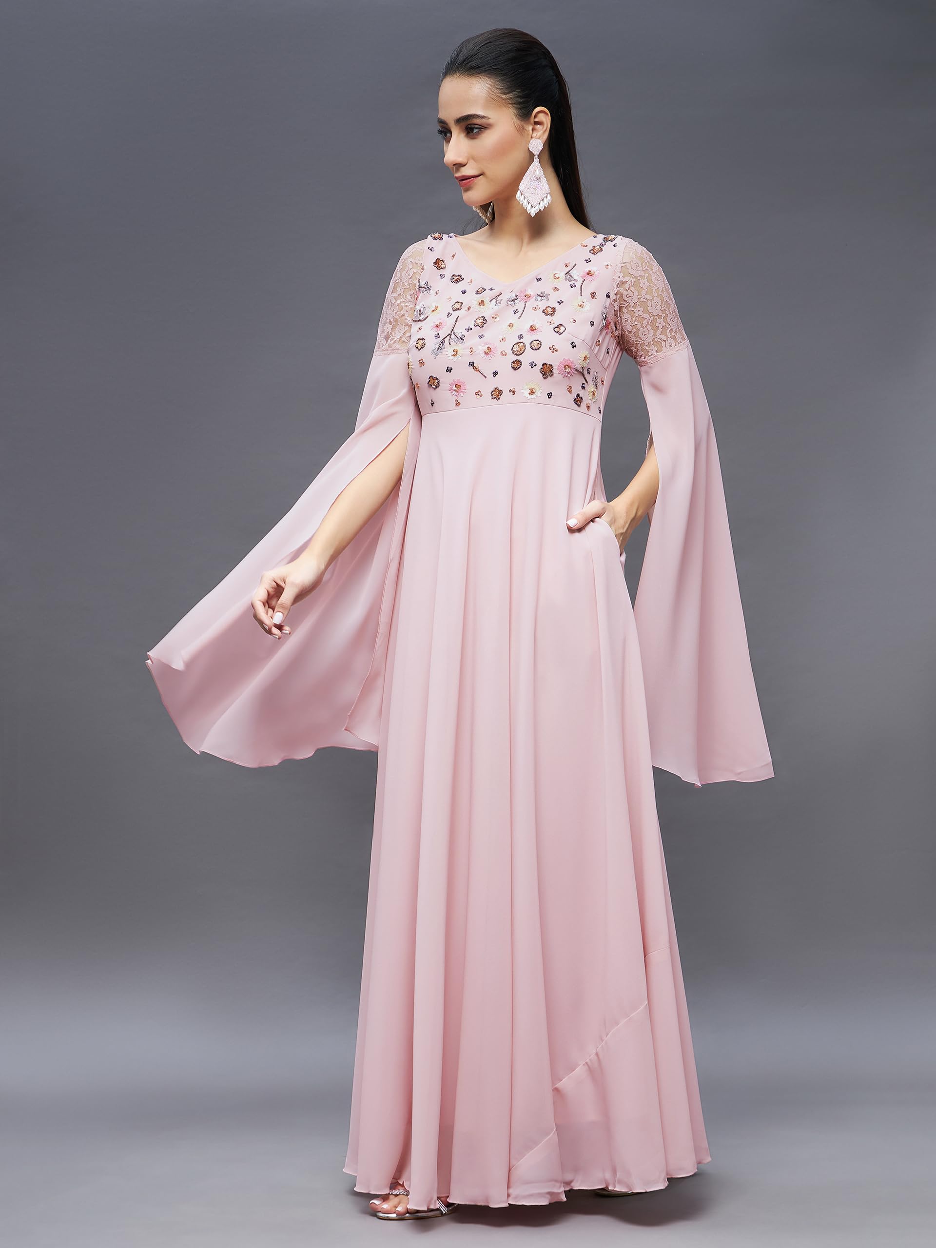 Miss Chase Women's Dusty Pink V-Neck Slit Sleeves Embroidered Maxi Dress (Mcss22D06-45-234-02, Dusty Pink, Xs)
