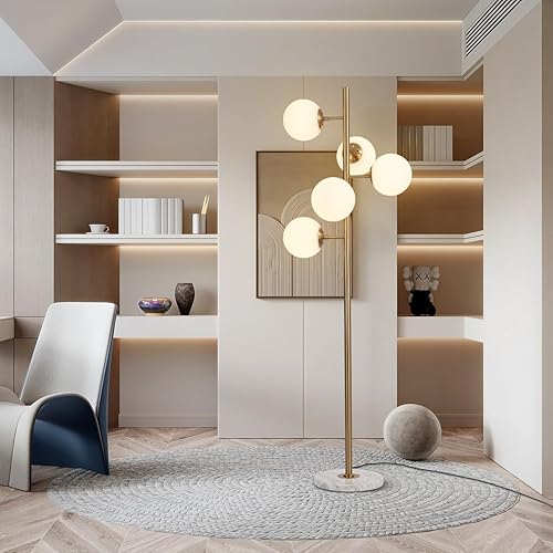 Miniatura 7 de KCO Lighting - Lámpara de pie de globo de vidrio blanco esmerilado de 5 luces de mediados de siglo, moderna lámpara de pie LED de poste alto con