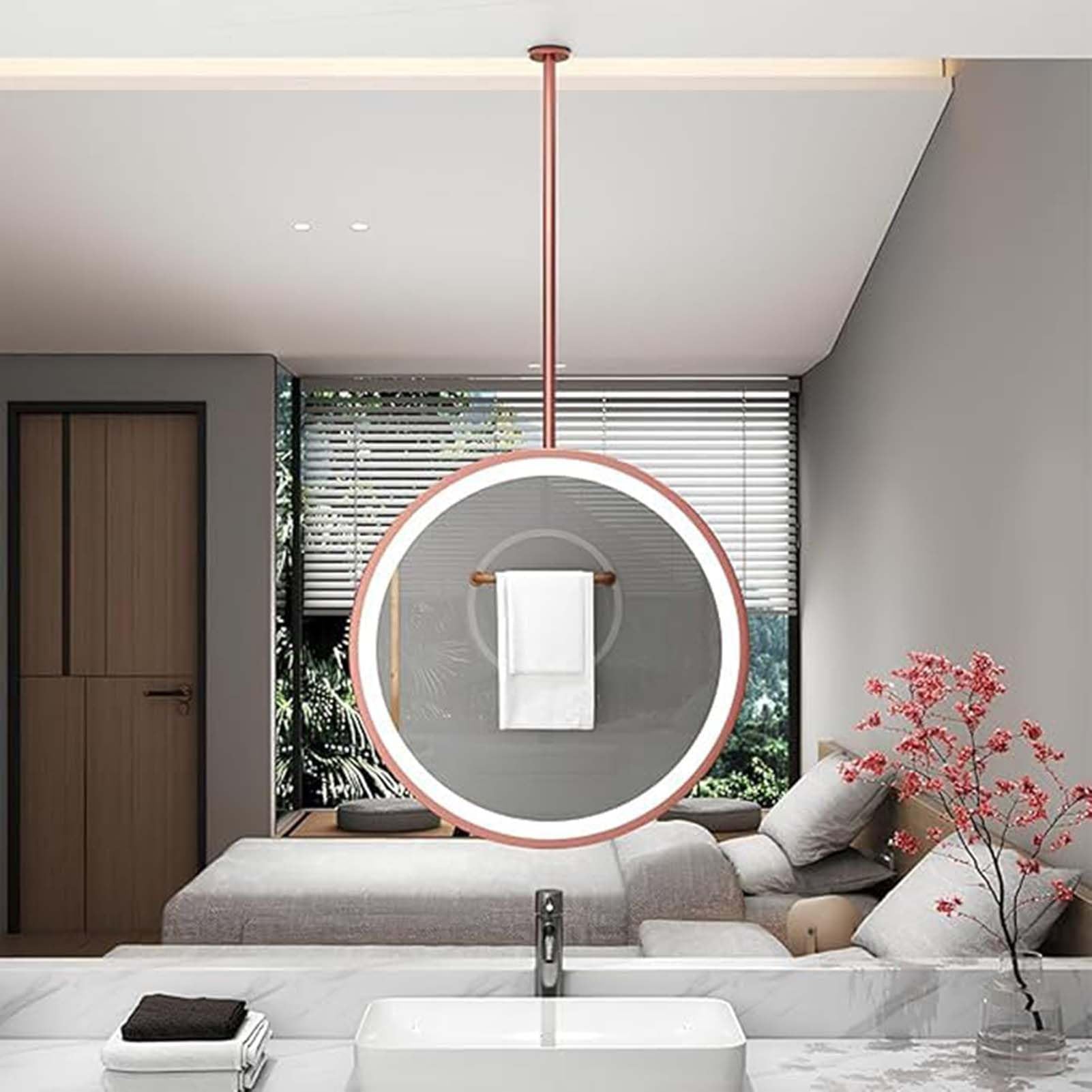 THEGA Ceiling-mounted Mirror With Light For Bathroom, Ceiling Round Hanging Mirror Suspended With Light Touch Button, Bedroom Hallway Living Room Lighted Boom Mirror